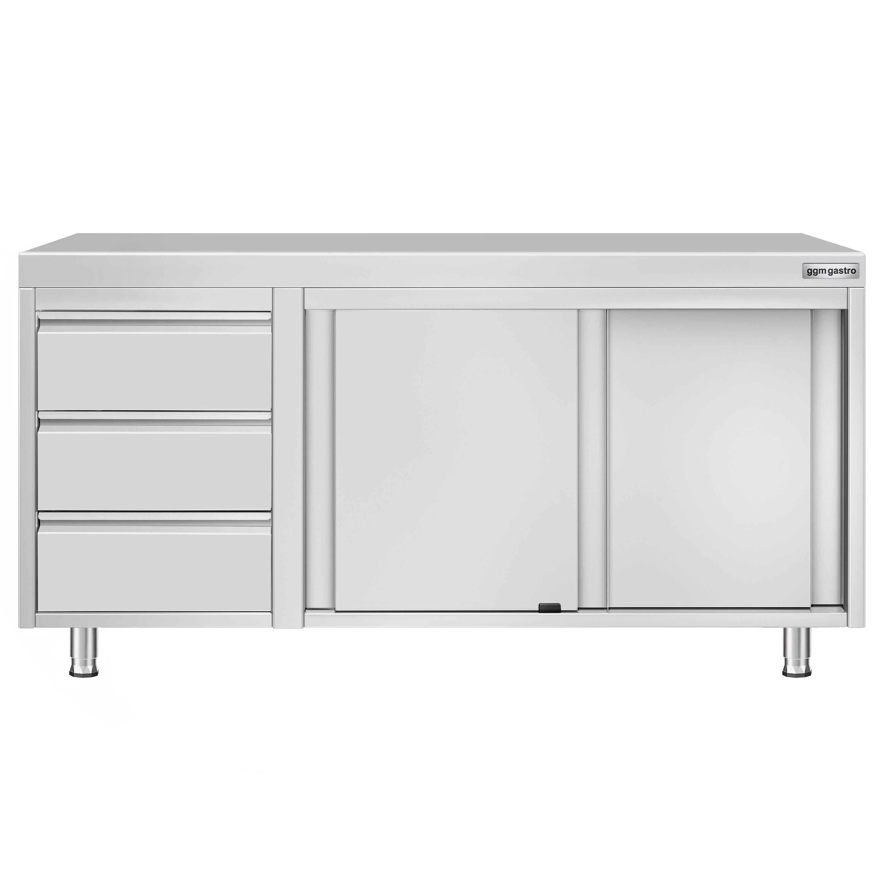 Table armoire en acier inoxydable ECO - 1600x600mm - avec 3 tiroirs à gauche et portes coulissantes et étagère basse