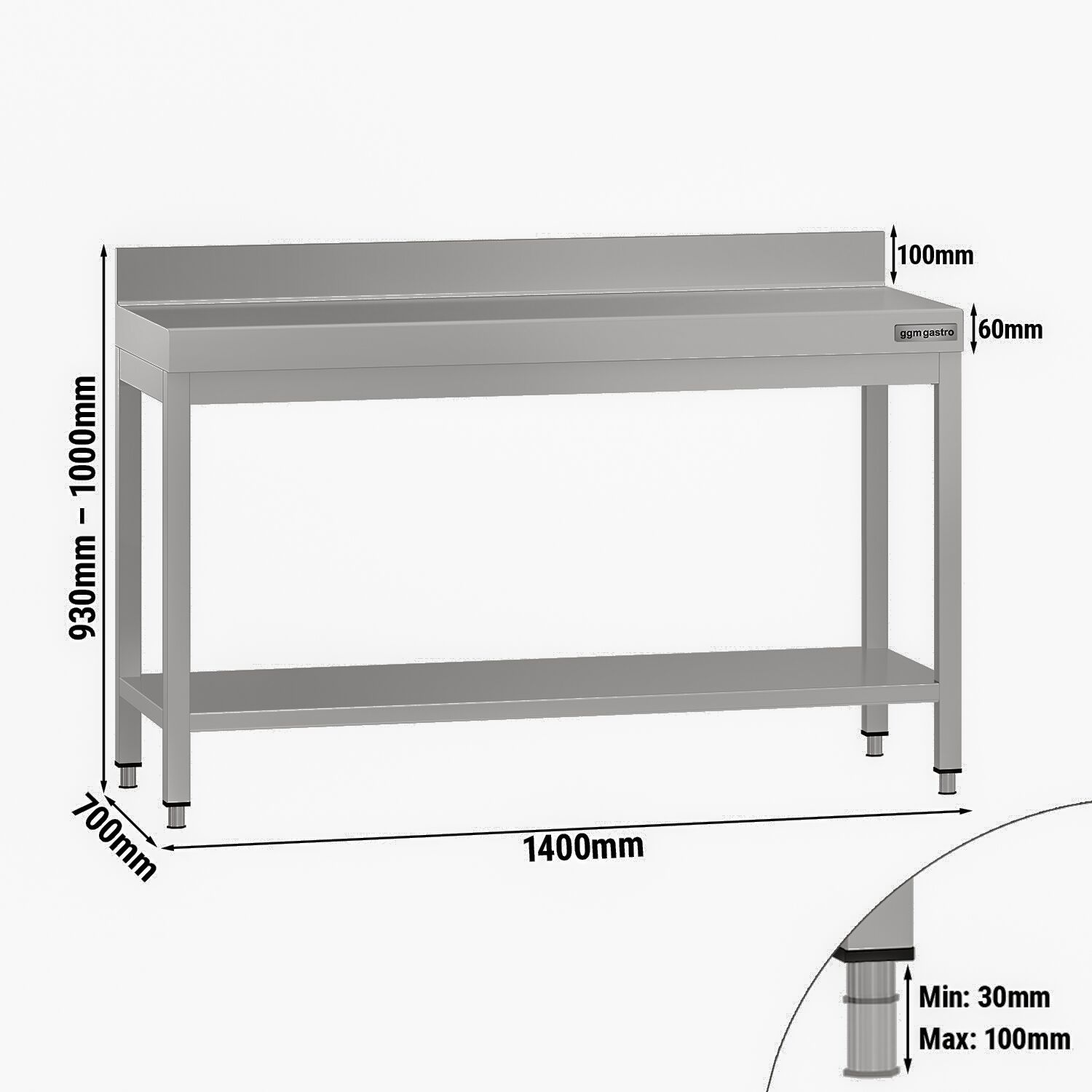 Table de travail en inox ECO – 1400 × 700 mm – avec tablette inférieure & dosseret