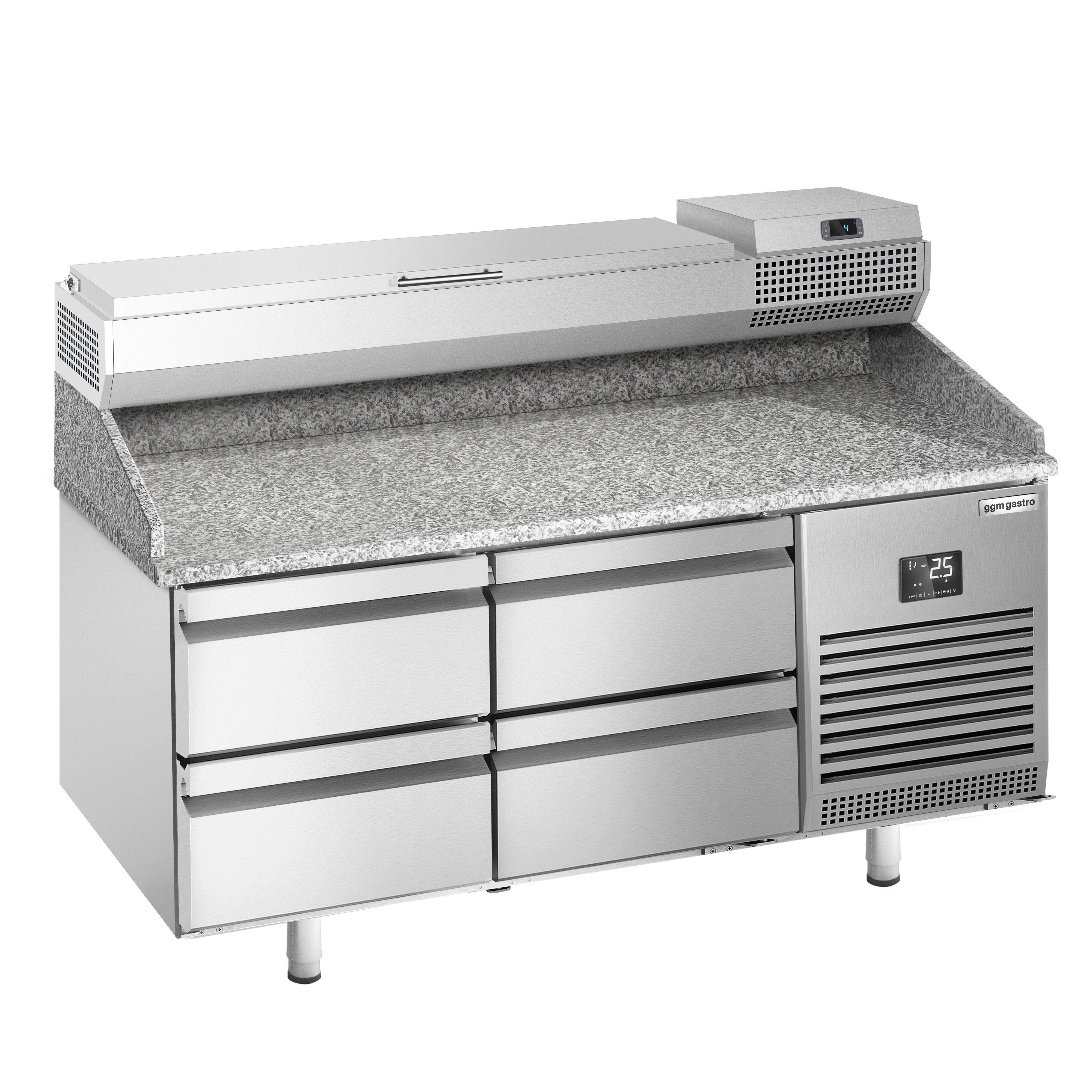 Table réfrigérée à pizza Premium PLUS - 1490x700 mm - avec 4 tiroirs - incl. vitrine réfrigérée - 6x GN 1/4