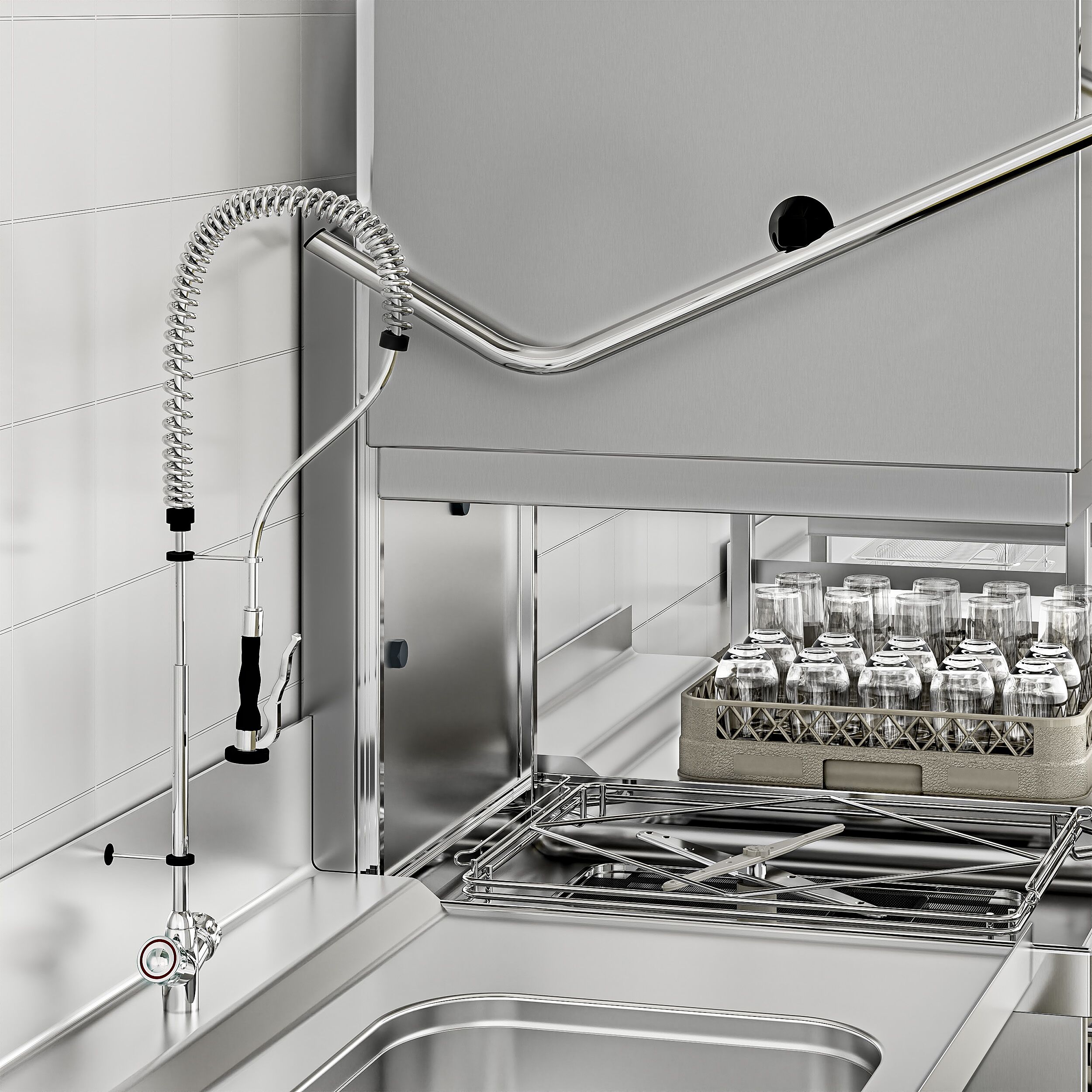 Lave-vaisselle à capot – Numérique – 7,1 kW – avec table d’entrée à gauche et table de sortie à droite incluses – avec pompe de détergent et de rinçage