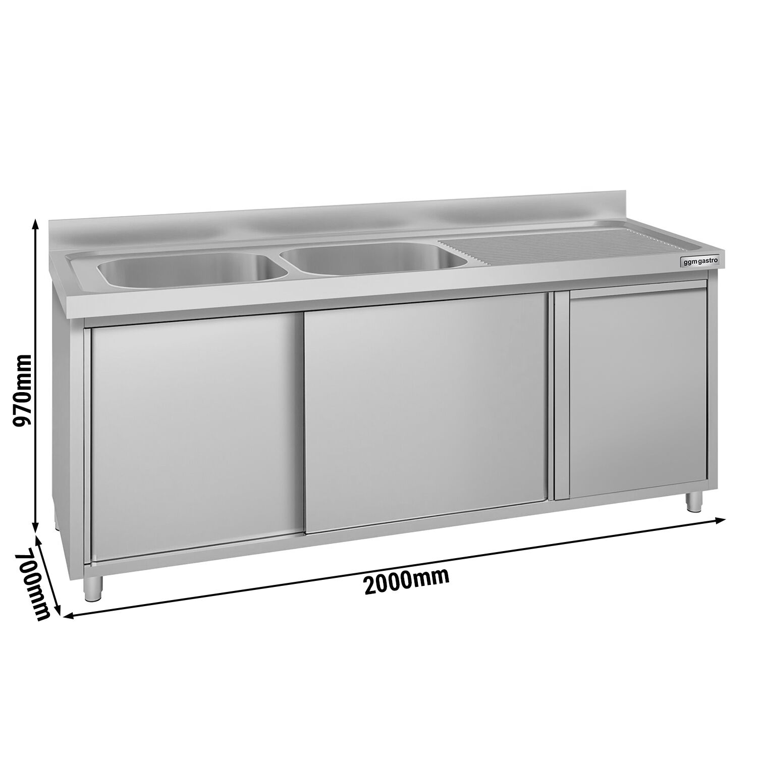 Meuble évier ECO - 2000 x 700 mm - avec poubelle & 2 bacs à gauche