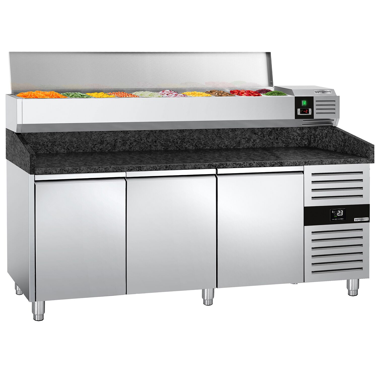 Table réfrigérée à pizza PREMIUM - 2000x800 mm - avec 3 portes - incl. vitrine réfrigérée - 10x GN 1/4