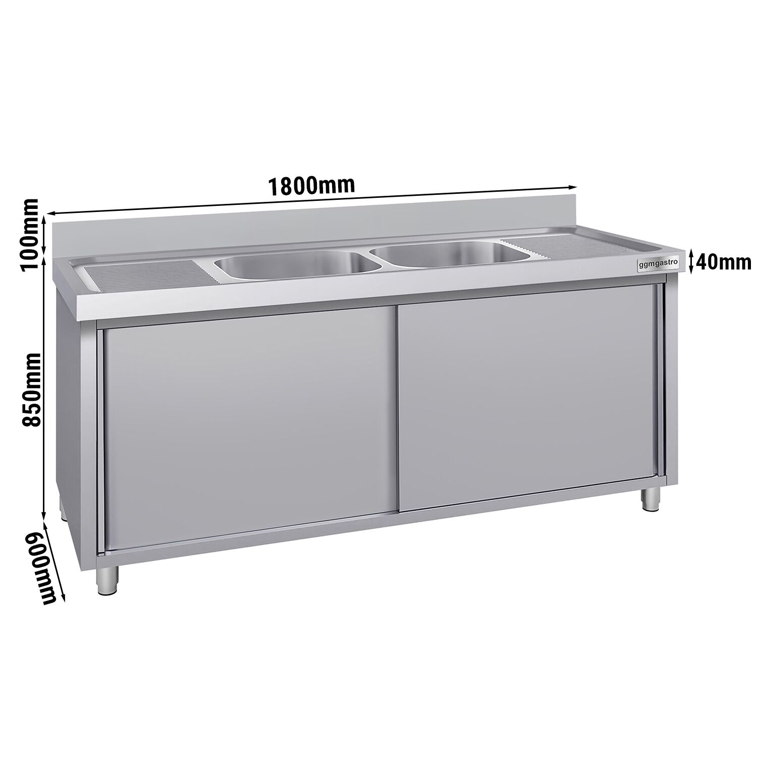 Meuble évier ECO - 1800 x 600 mm - avec 2 bacs au centre