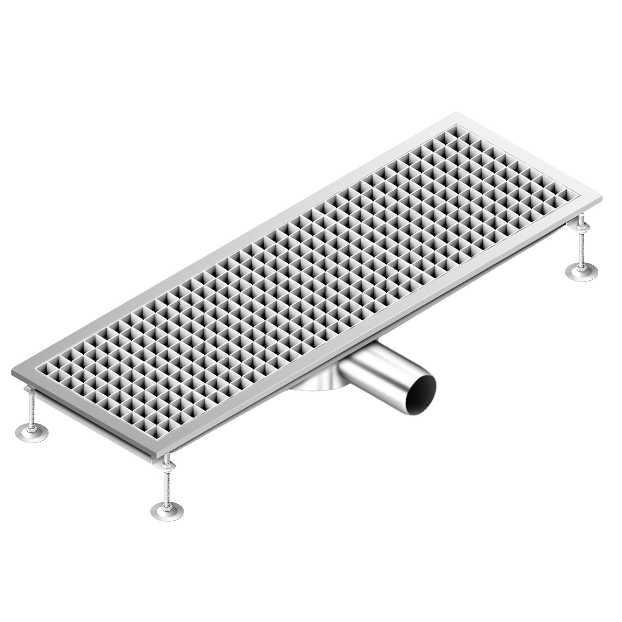 Caniveau de sol en acier inoxydable - 900x300mm - sortie horizontale Ø70mm - avec caillebotis
