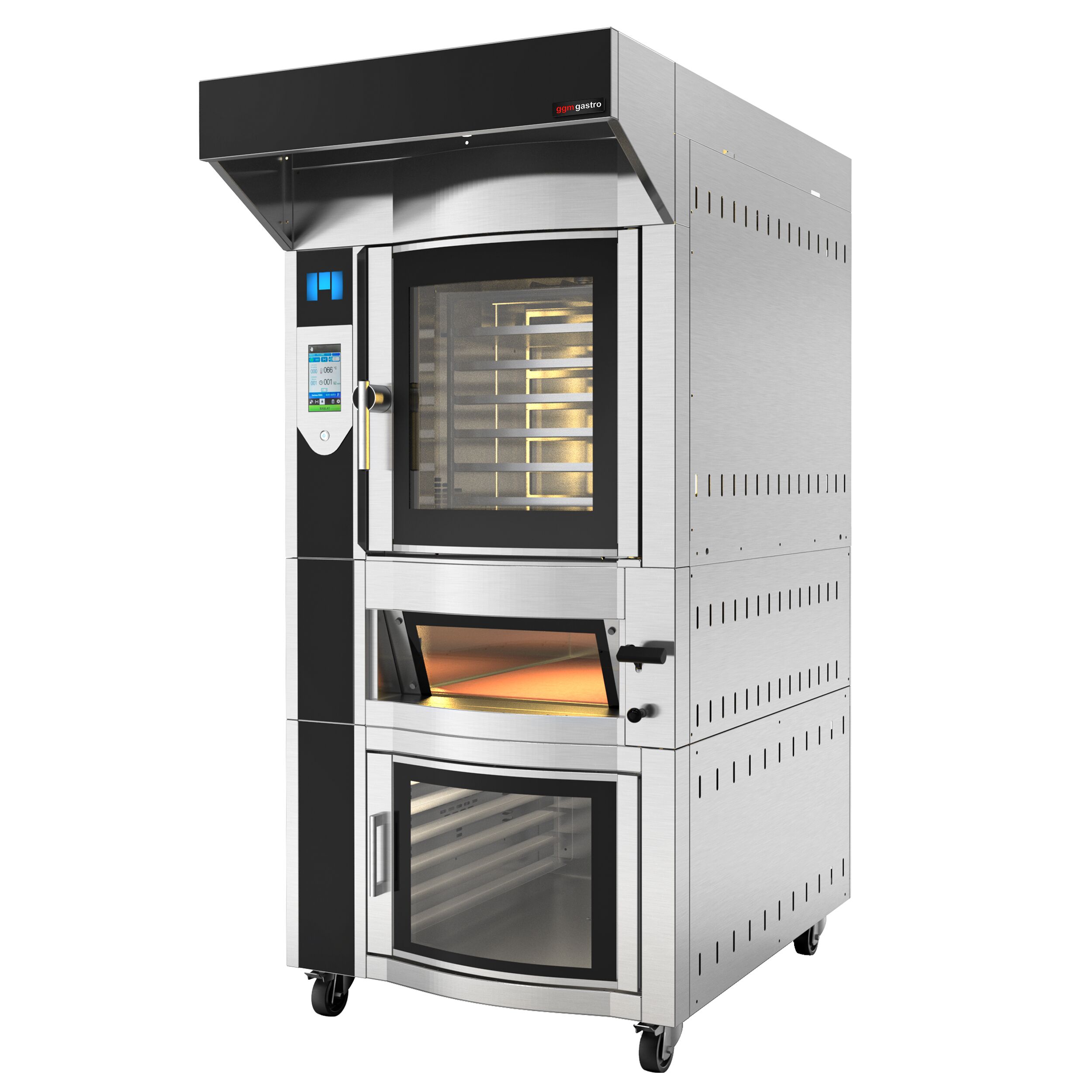 Four à chariot rotatif Électrique Four à convection avec injection d’eau - Écran tactile - 1 chambres de cuisson - 6 niveaux 600x400mm - Acier inoxydable - avec roulettes - inclus four à pizza, hotte et armoire de fermentation