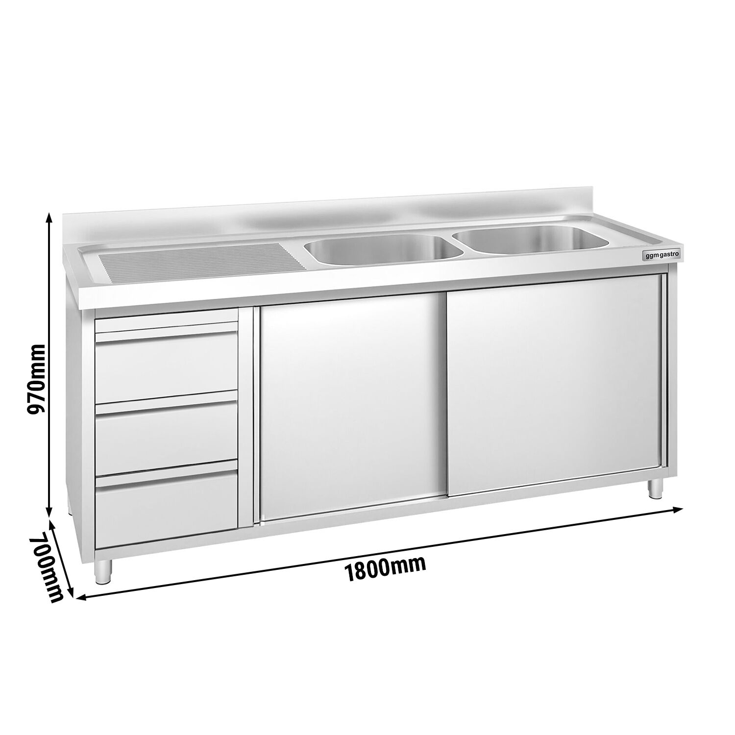 Meuble plonge PREMIUM - 1800x700mm - 2 bacs - 3 tiroirs