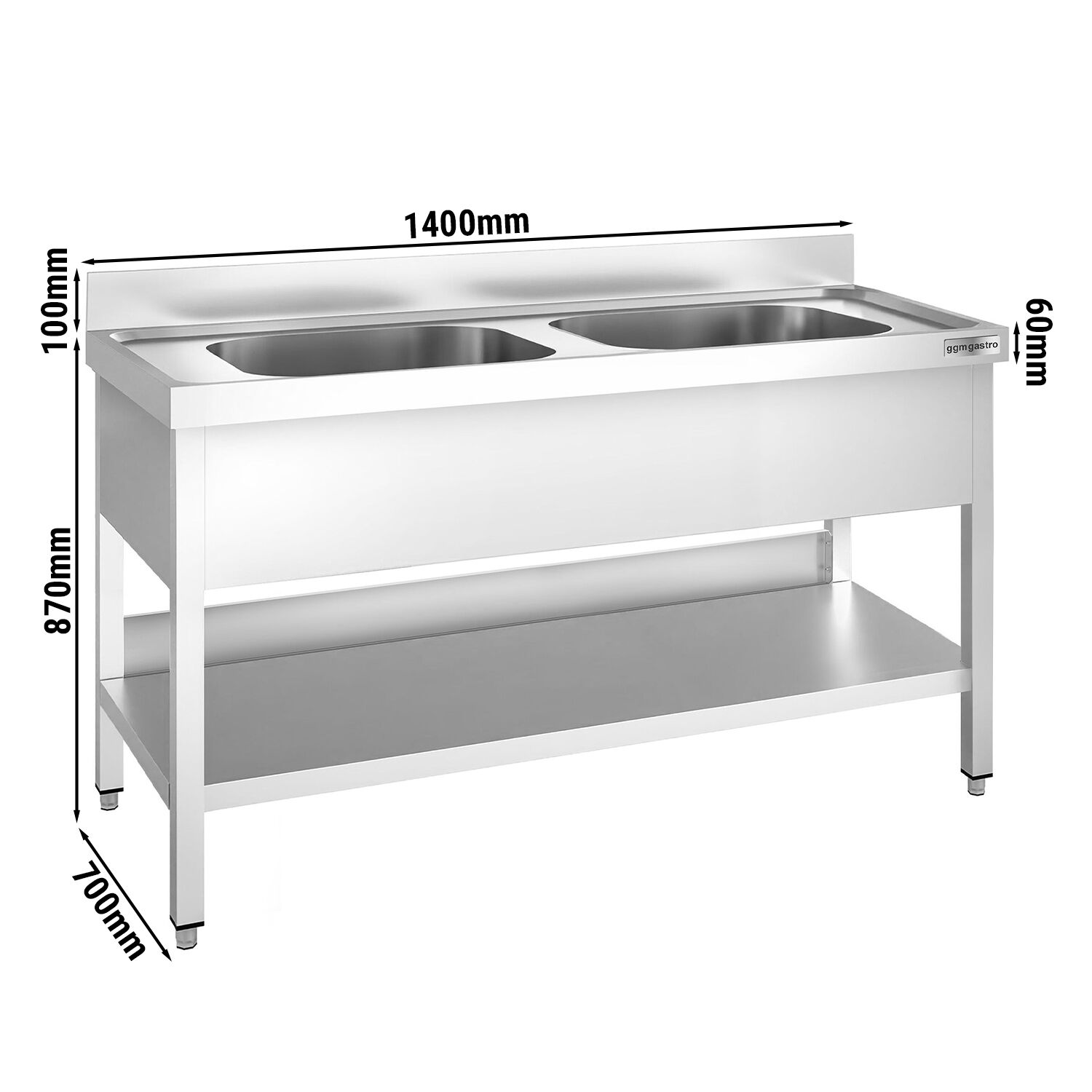 Plonge en inox PREMIUM - 1400x700mm - avec étagère basse - 2 bacs au centre