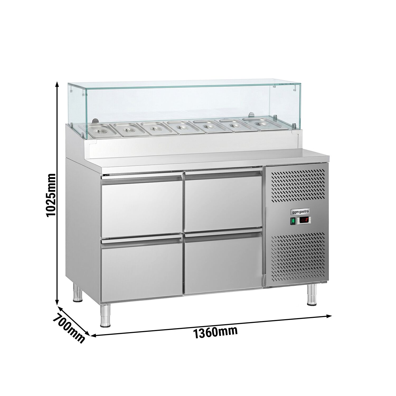 Zubereitungstisch ECO - 1360mm - 4 Schubladen - mit Glasaufsatz - für 7x GN 1/3