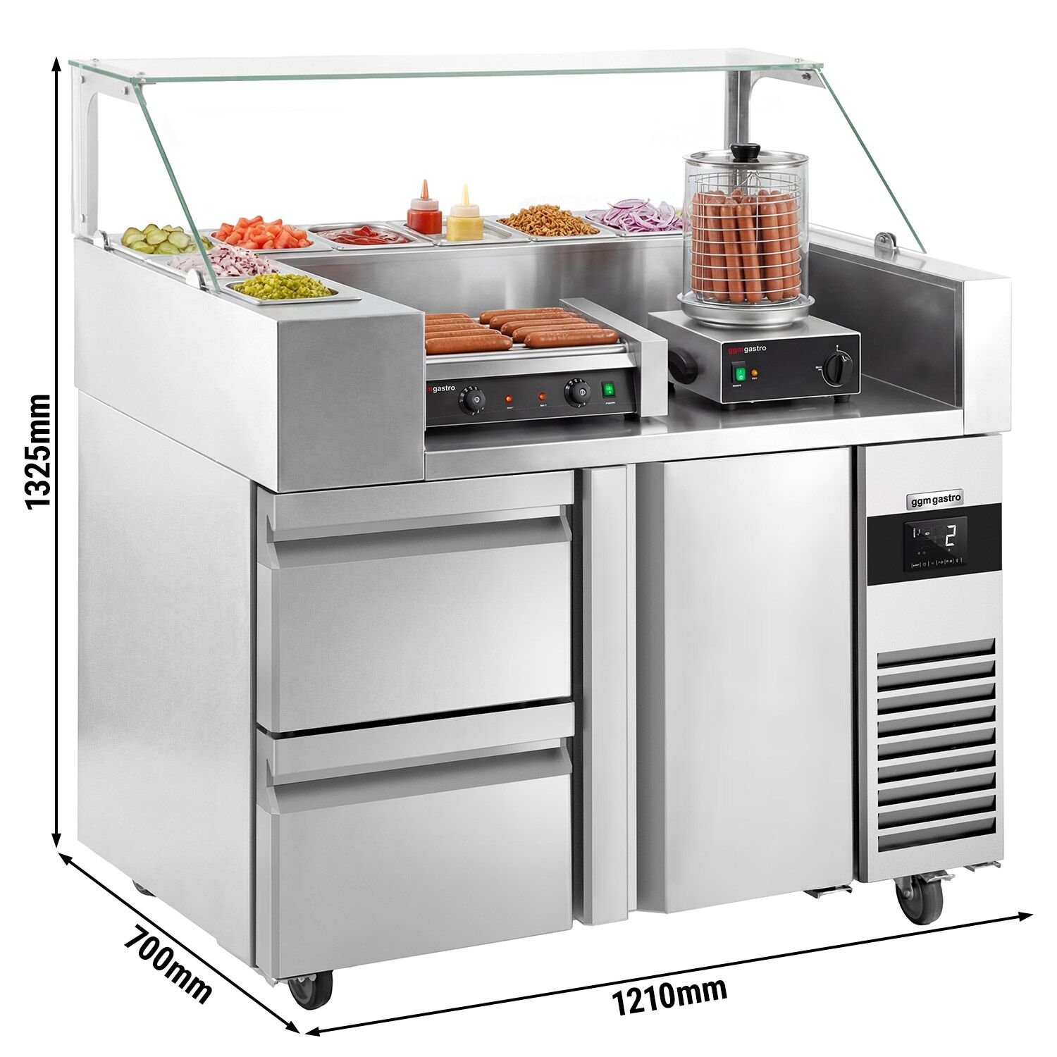 Saladette Kompakt - 1210x700 mm - glasöverdel - 1 dörr & 2 lådor - för 9x GN 1/6 - inkl. Korvgrill/Hot dog‑grill & -värmare