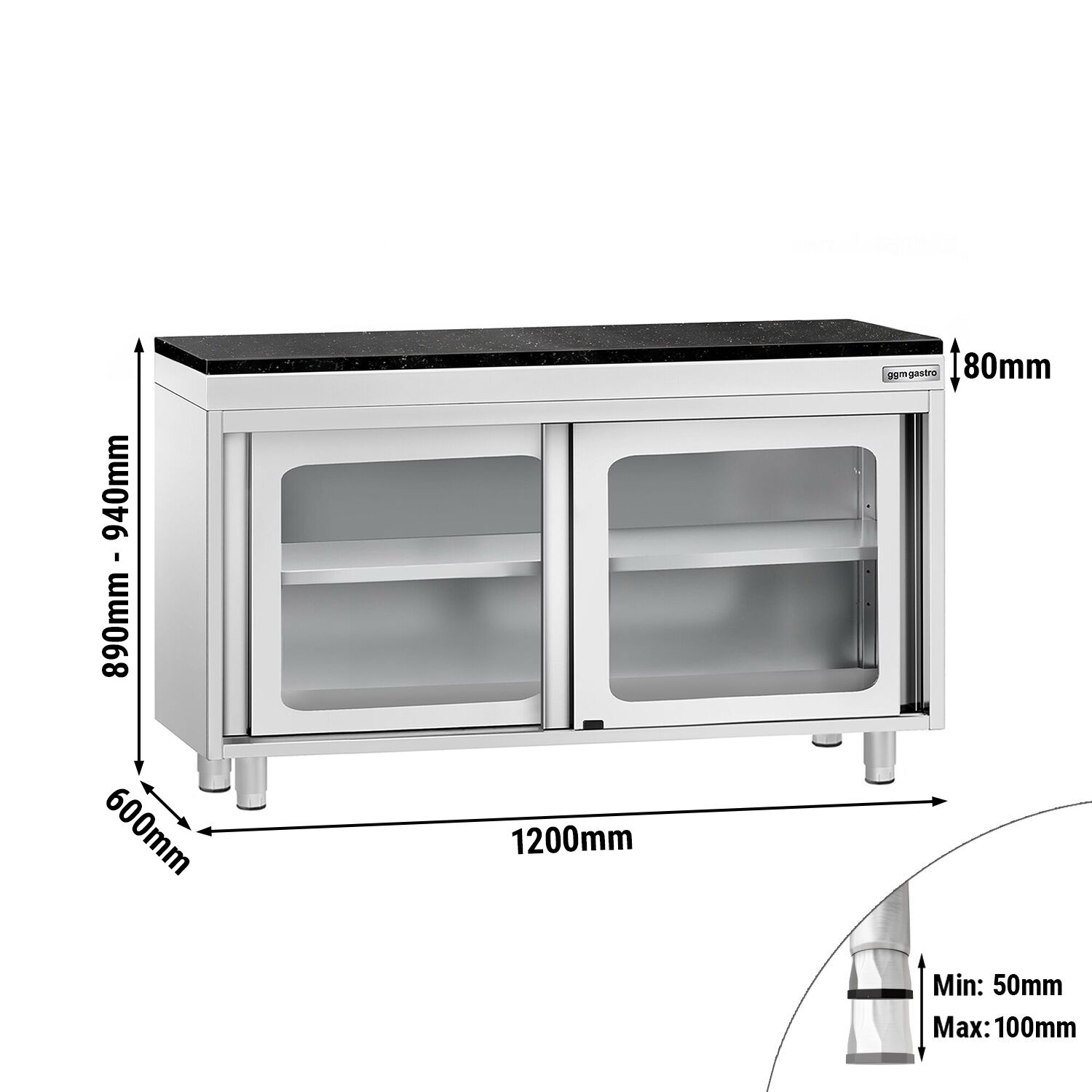 Edelstahl Arbeitsschrank PREMIUM - 1200x600mm - mit Glasschiebetür - inkl. Granitarbeitsplatte