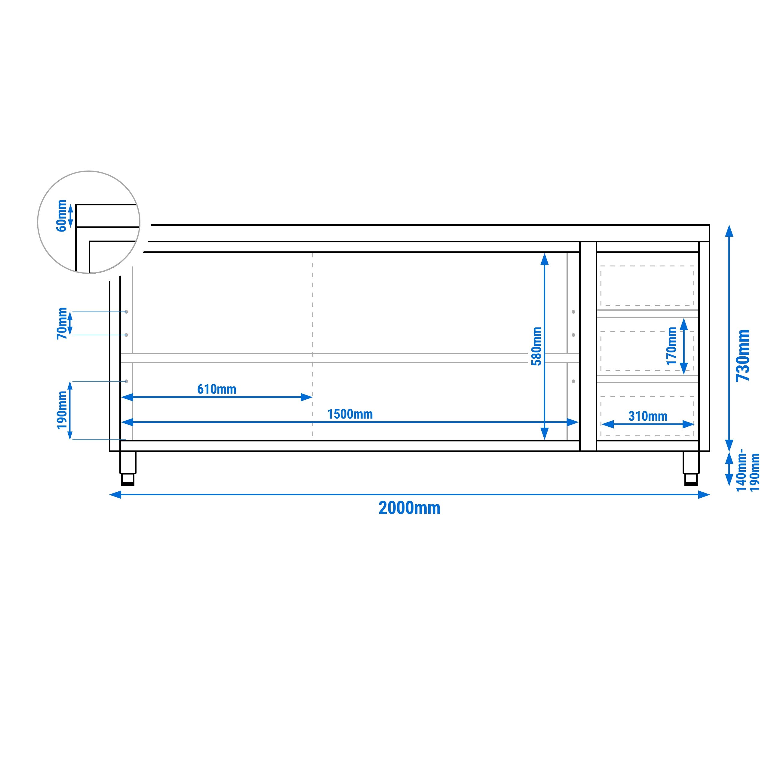 Table armoire en acier inoxydable PREMIUM - 2000x600mm - avec 3 tiroirs à droite et portes coulissantes et étagère basse