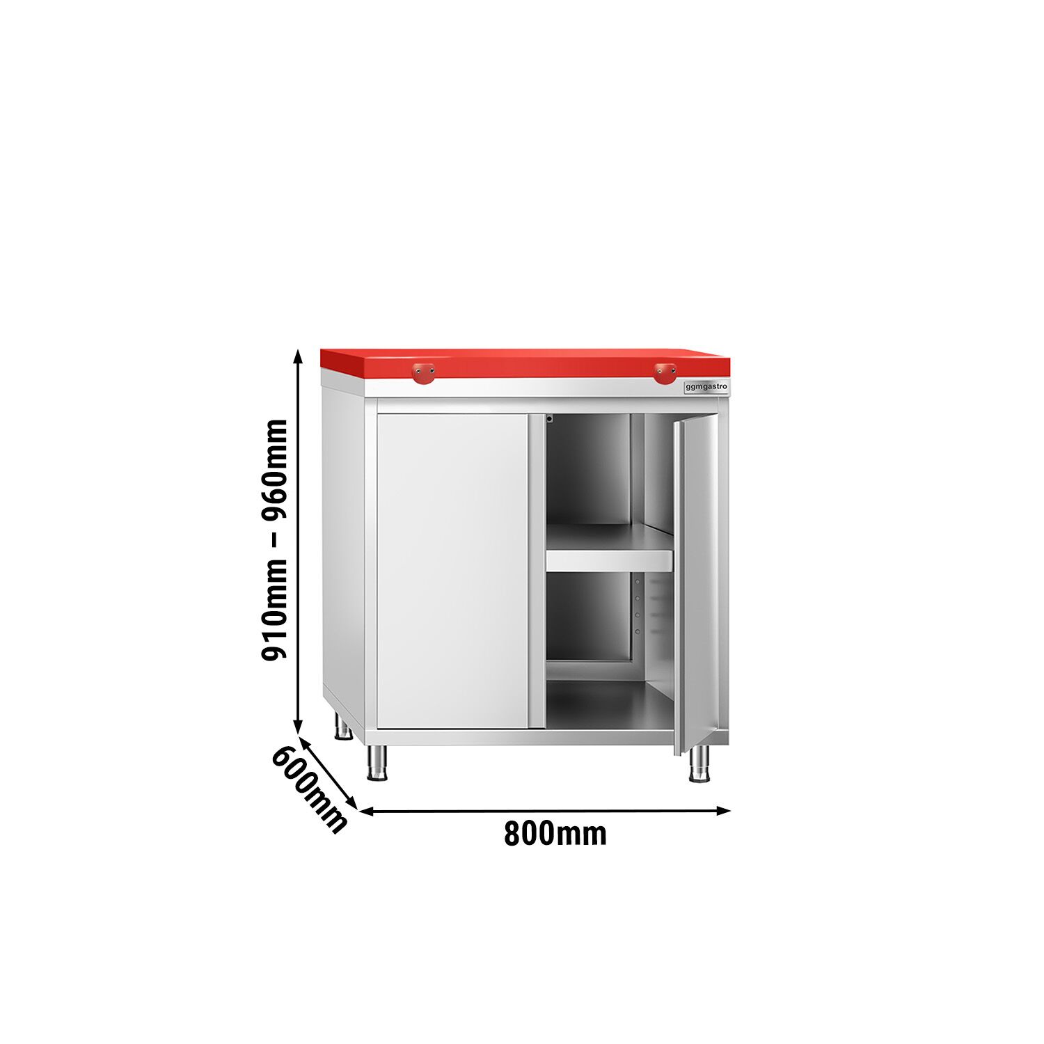 Table armoire en acier inoxydable PREMIUM - 800x600mm - avec portes battantes et étagère basse - pour viande crue - incl. plateau de découpe Rouge PEHD (HACCP)