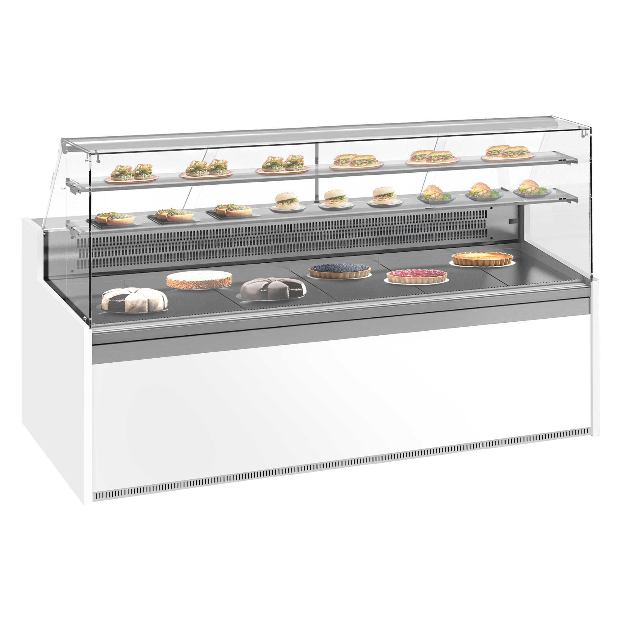 Comptoir vitrine réfrigérée - 2560x985mm - +4/+8°C - 4 portes - 2 étagères - Éclairage LED