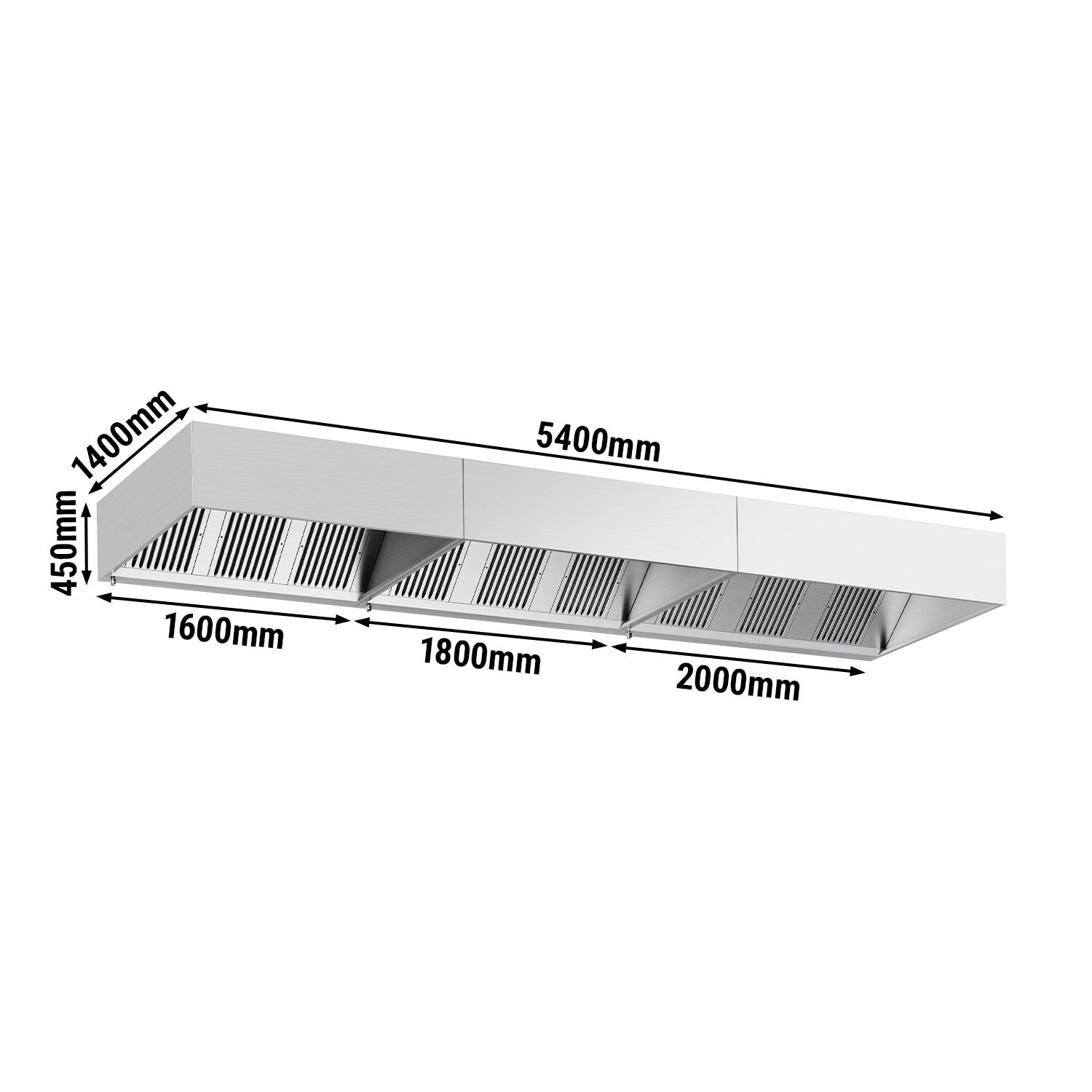 Ventilationskåpa i rostfritt stål - 5 400 mm - djup 1 400 mm - med labyrintfilter och LED-belysning