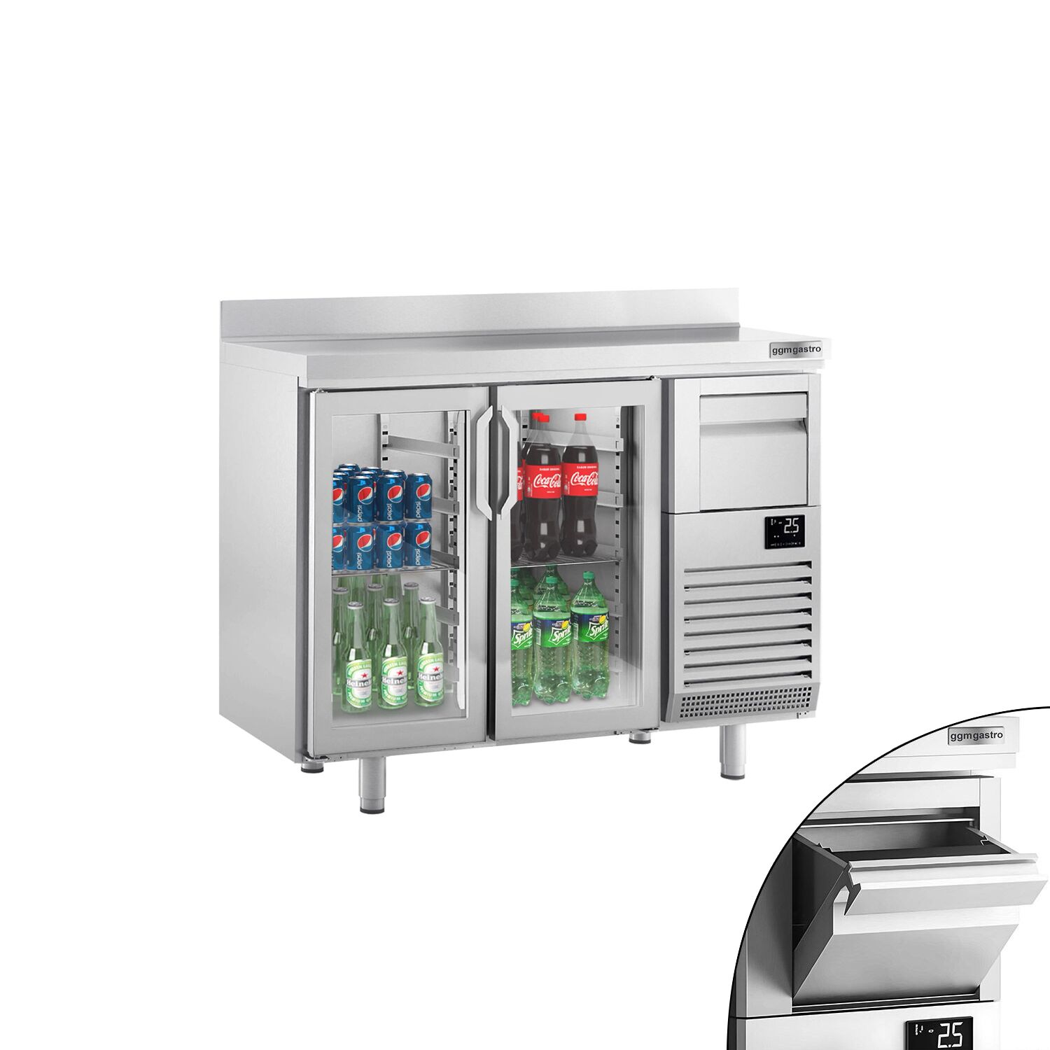 Commercial Back Bar Bottle Cooler PREMIUM PLUS - 1468x600x1150mm - 340L - with 2 Hinged Glass Doors, upstand & knock box for coffee