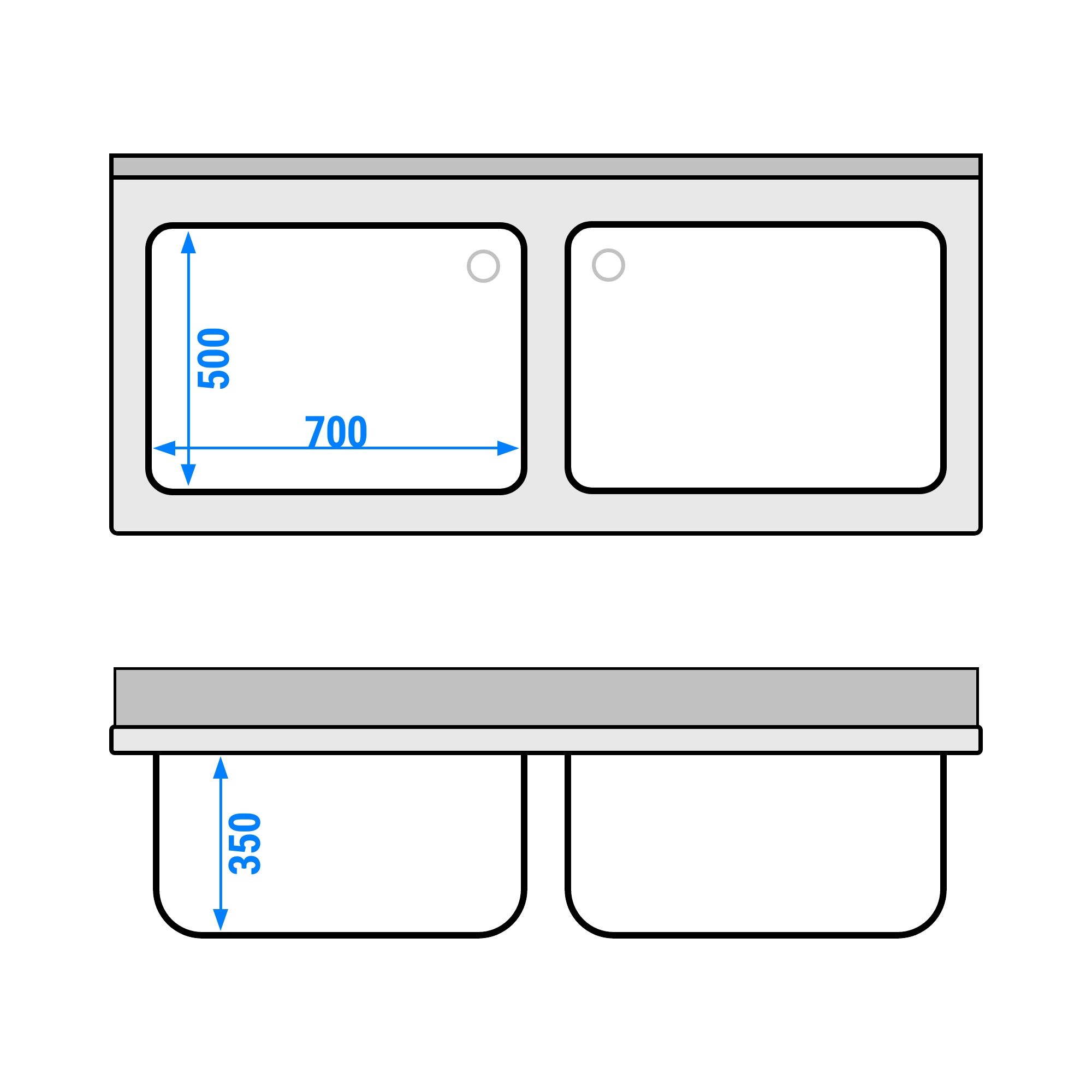 RVS spoeltafel PREMIUM - 1600x700mm - met onderblad - met 2 spoelbakken