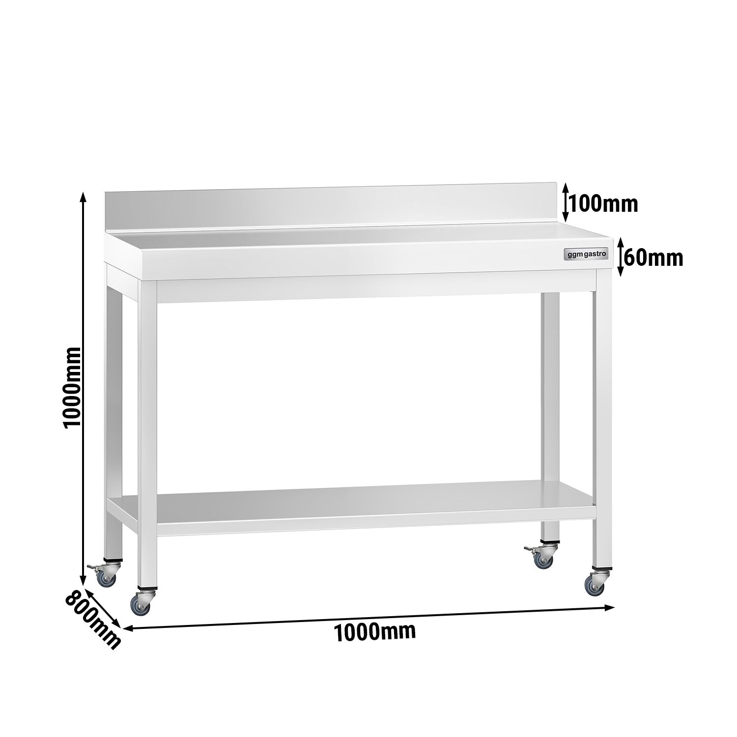 Table de travail en inox PREMIUM - 1000 x 800 mm - avec tablette inférieure, dosseret et roulettes