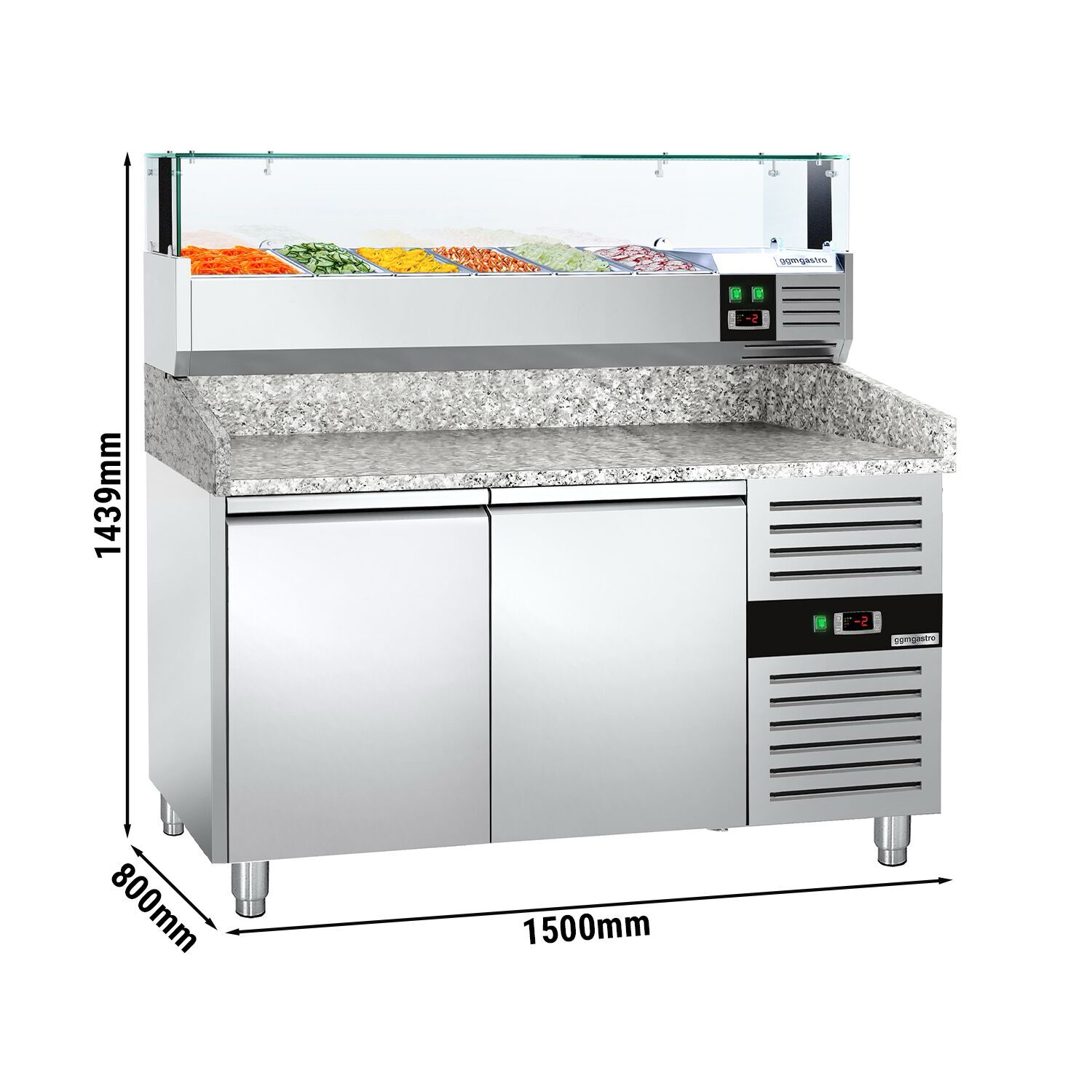 Table réfrigérée pour pizza PREMIUM - 1500 x 800 mm - avec 2 portes - incl. vitrine réfrigérée avec LED - 5 x GN 1/3 + 1 x GN 1/2