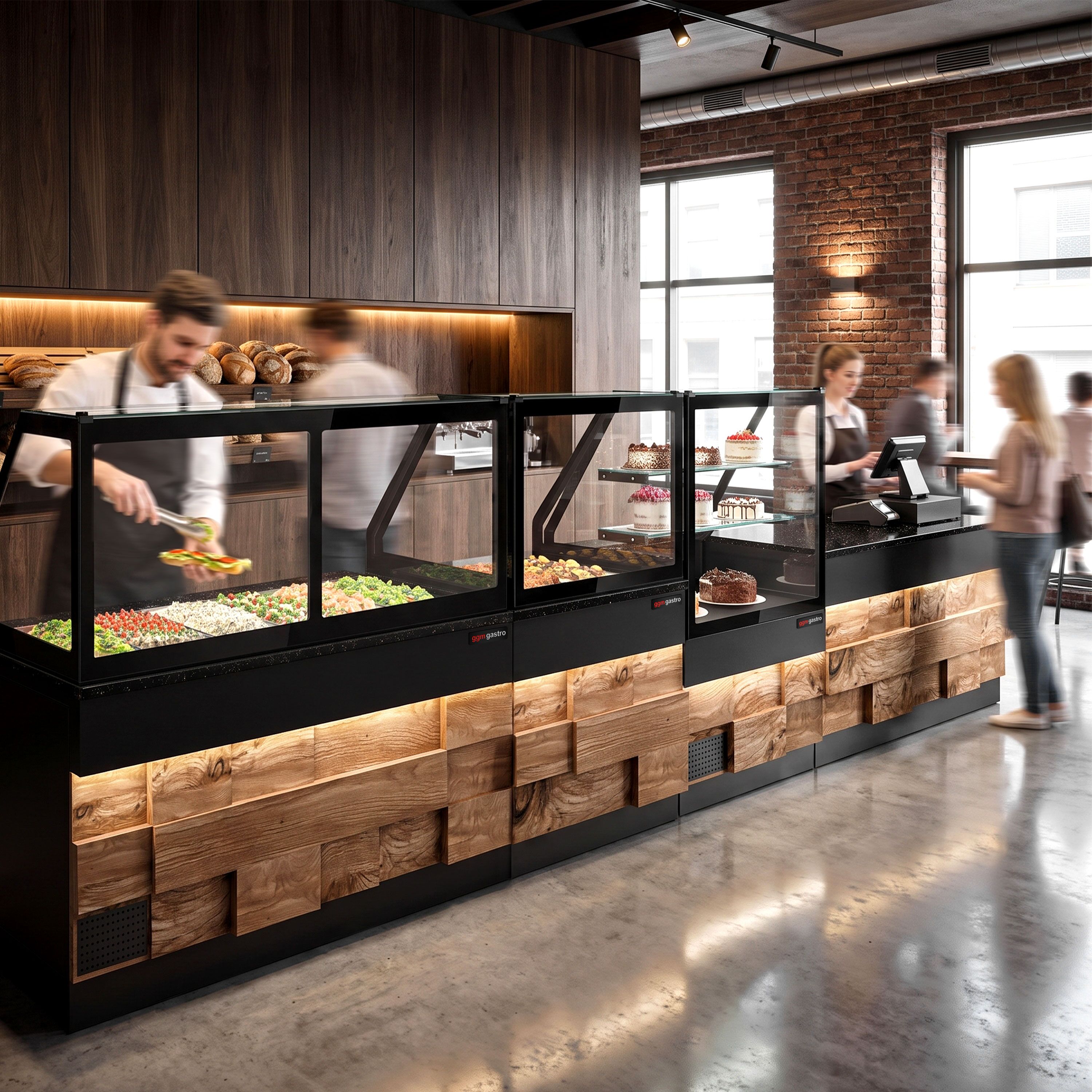 Vitrine chauffante TORONTO – 800 mm – façade en bois – pour 2 × GN 1/1 – plan de travail en granit noir