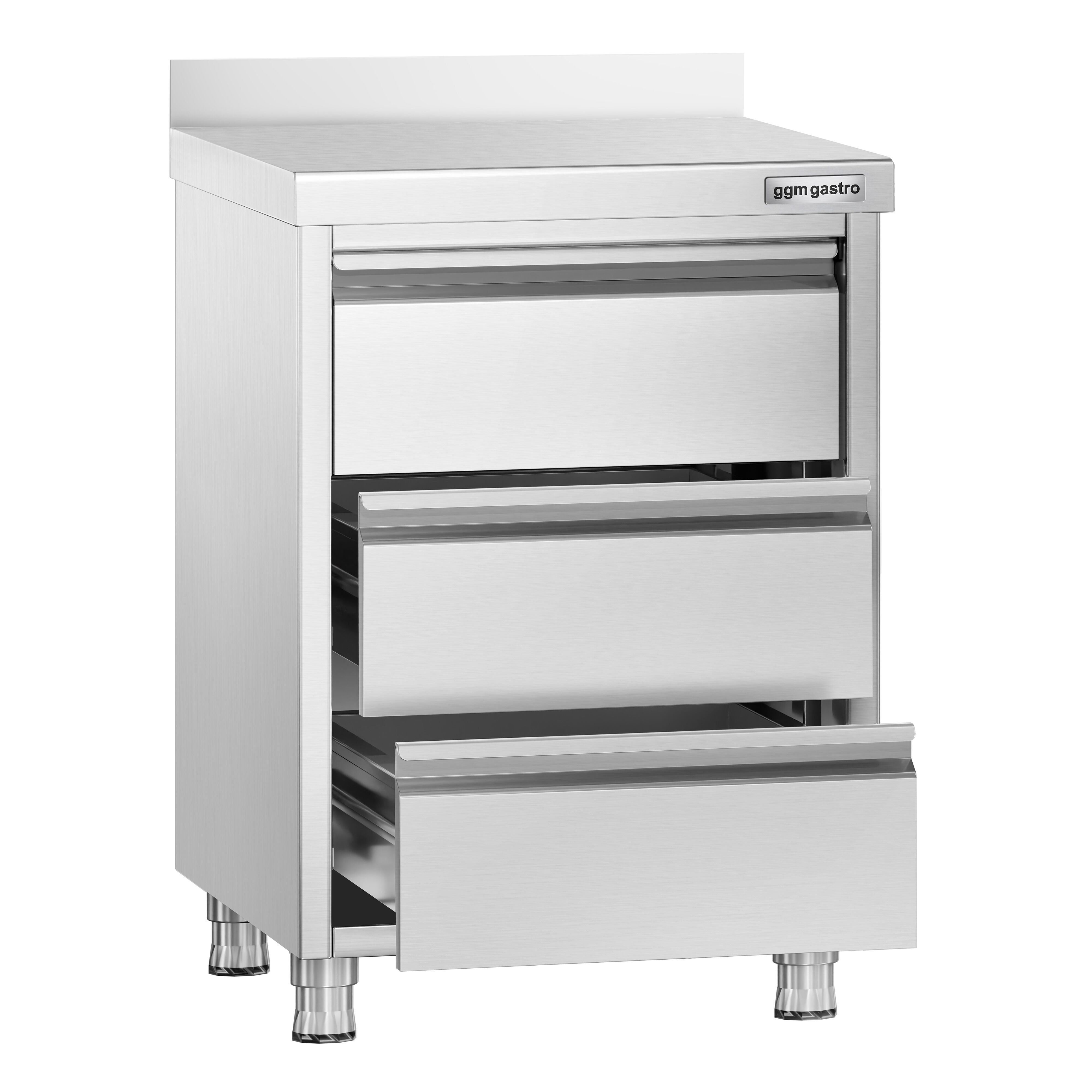 Meuble bas à tiroirs PREMIUM - Acier inoxydable - avec 3 tiroirs & dosseret 100mm - 500x600mm