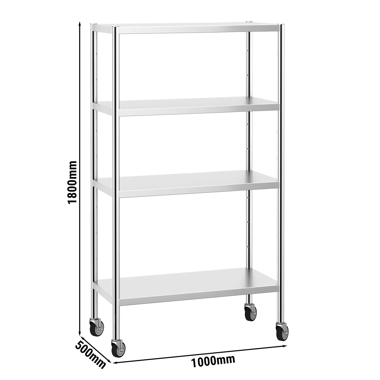 Étagère en inox PREMIUM - 1000 x 500 mm - avec 4 étagères (réglables) - incl. 4 roulettes