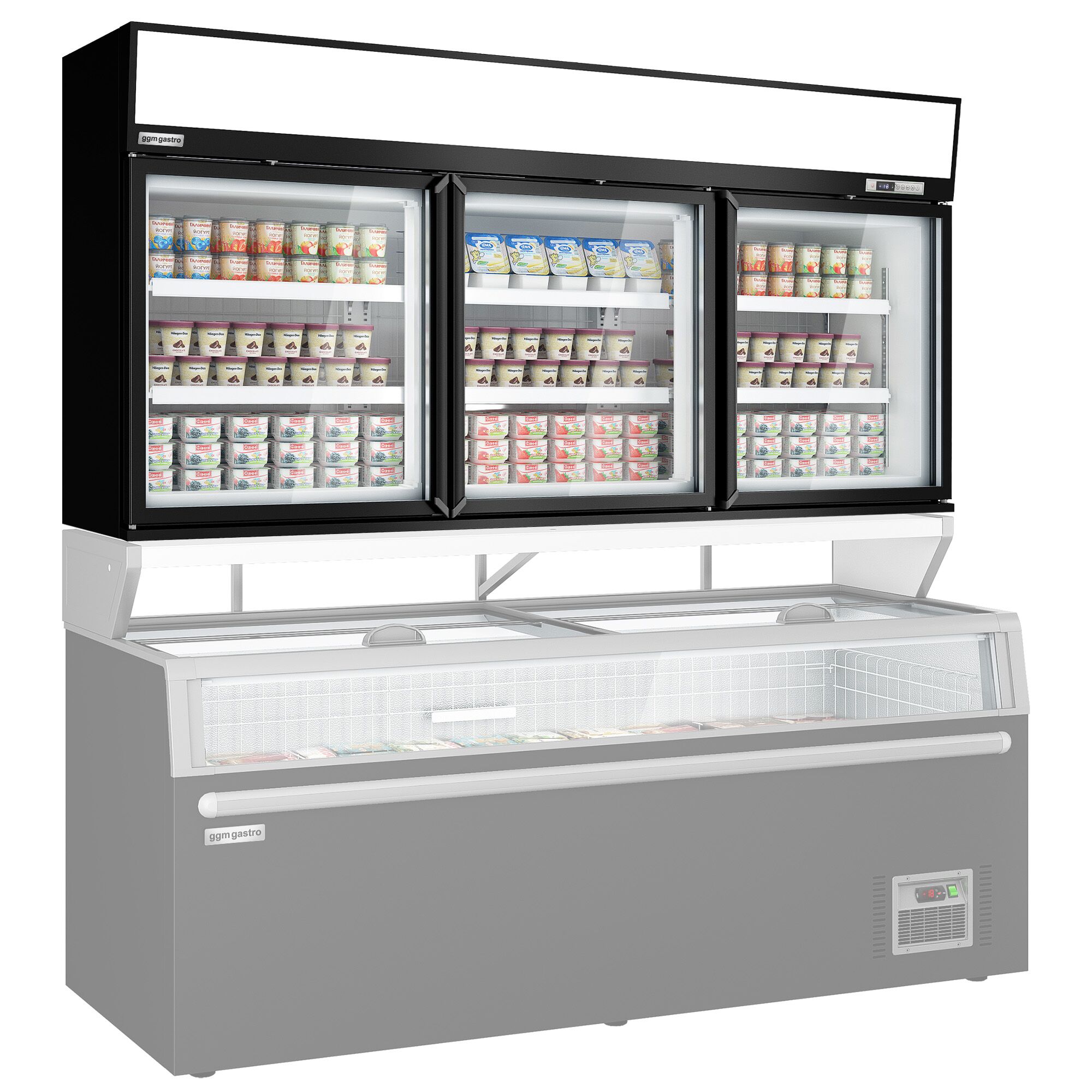 Vitrine murale de congélation pour supermarché - 2100 mm - 346 litres - avec 3 portes & 2 étagères - Noir