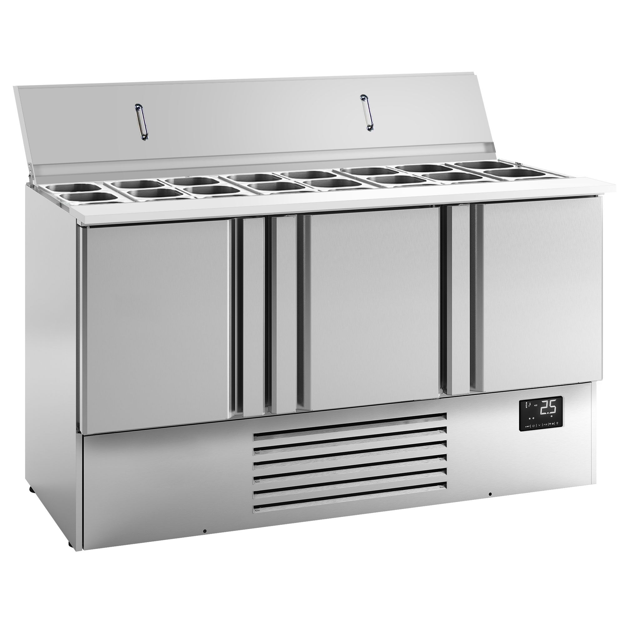 Commercial Saladette Counter PREMIUM PLUS - 1460mm - 335L - 3 doors - open top for 9 x GN 1/3 & 6 x GN 1/6 & stainless steel hinged lid
