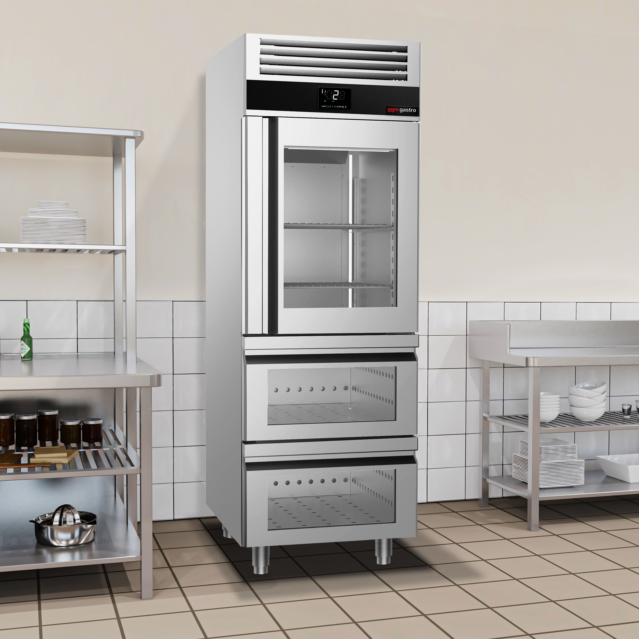 Armoire réfrigérée vitrée positive Inox AISI 304 PREMIUM - GN 2/1 - 700 L - avec 1 porte vitrée & 2 tiroirs & Glissières GN & 2 grilles GN 2/1