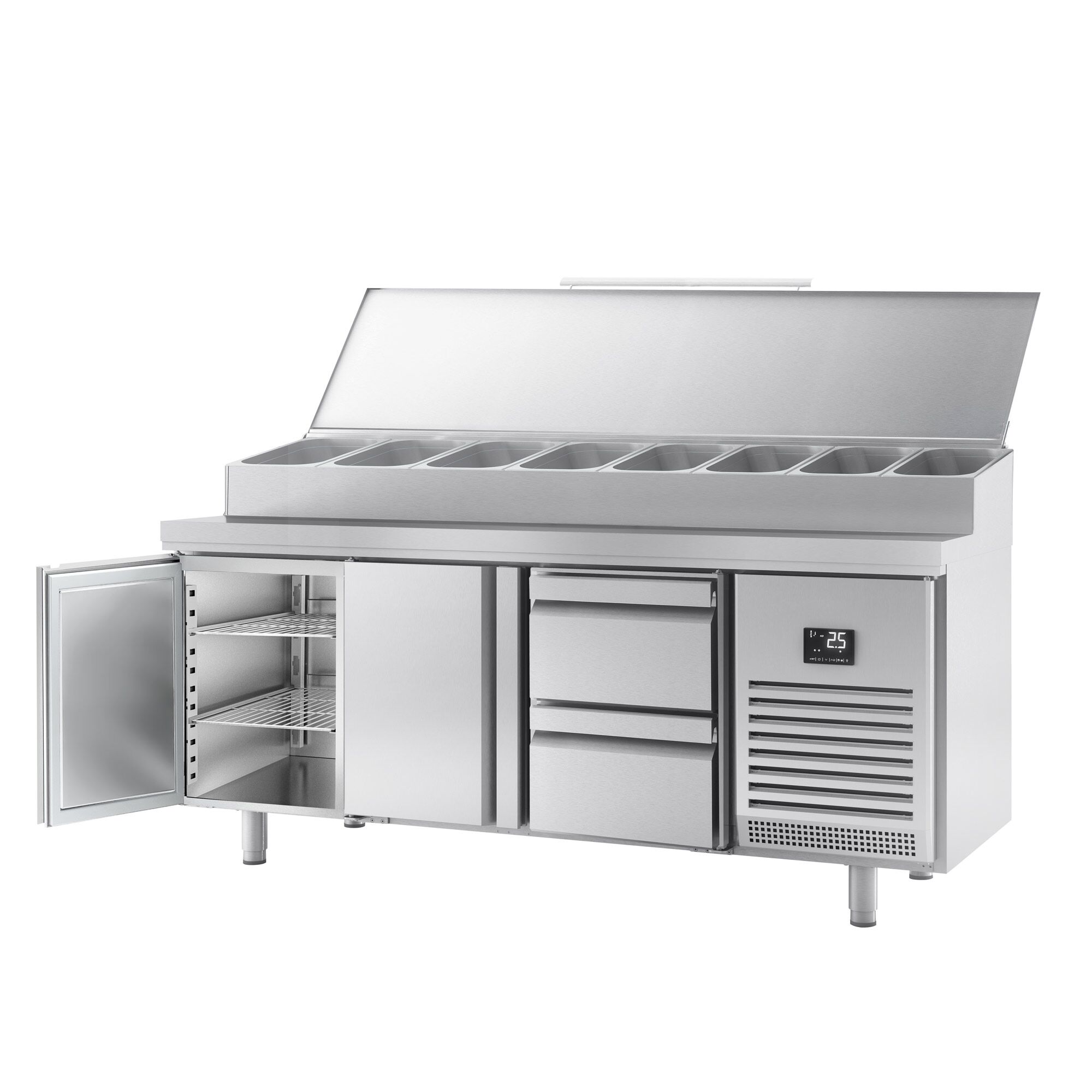 Table réfrigérée de préparation - 1960x700 mm - avec 2 portes & 2 tiroirs - superstructure inox 1x GN 1/2 & 9x GN 1/3