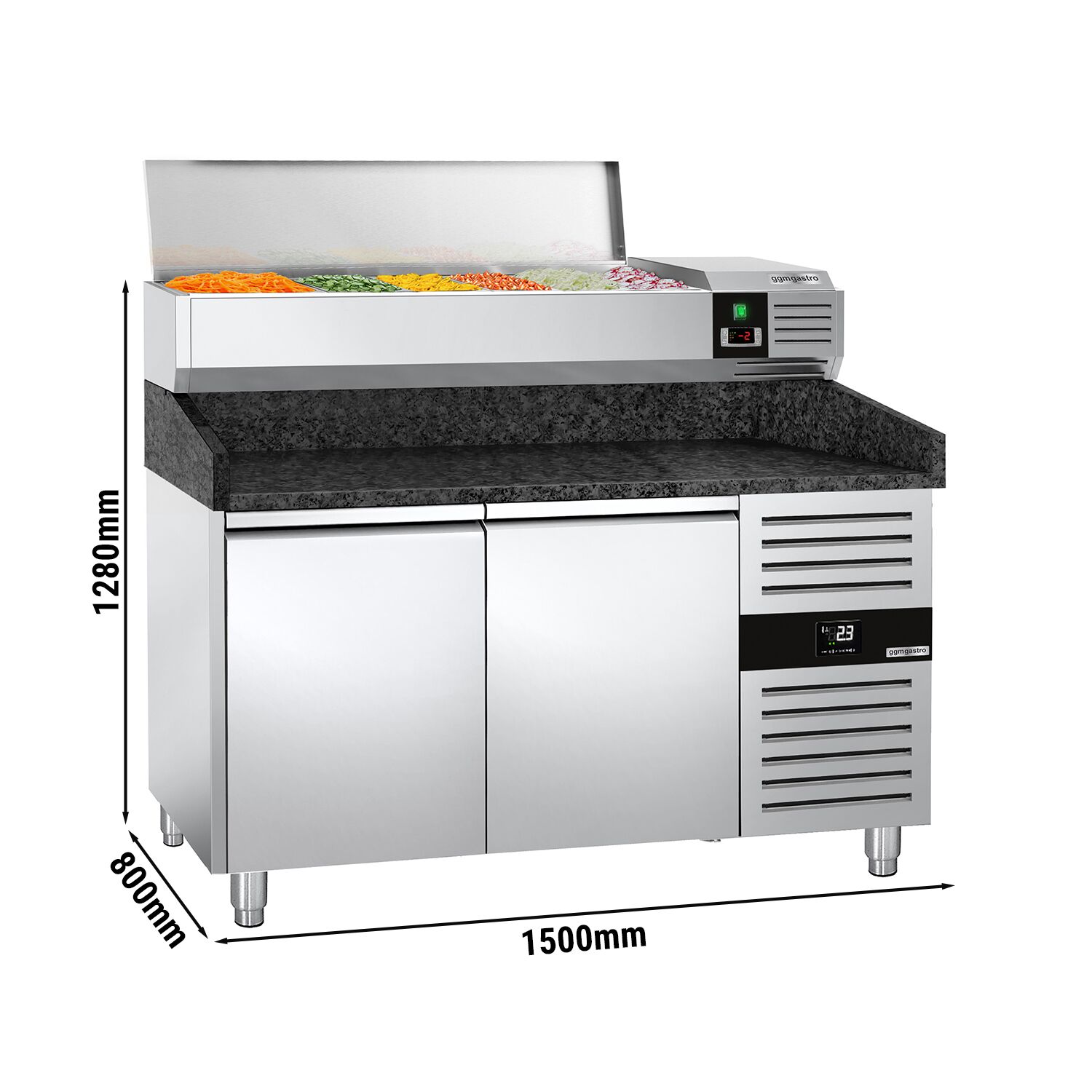 Table réfrigérée à pizza PREMIUM - 1500x800 mm - avec 2 portes - incl. vitrine réfrigérée - 6x GN 1/3