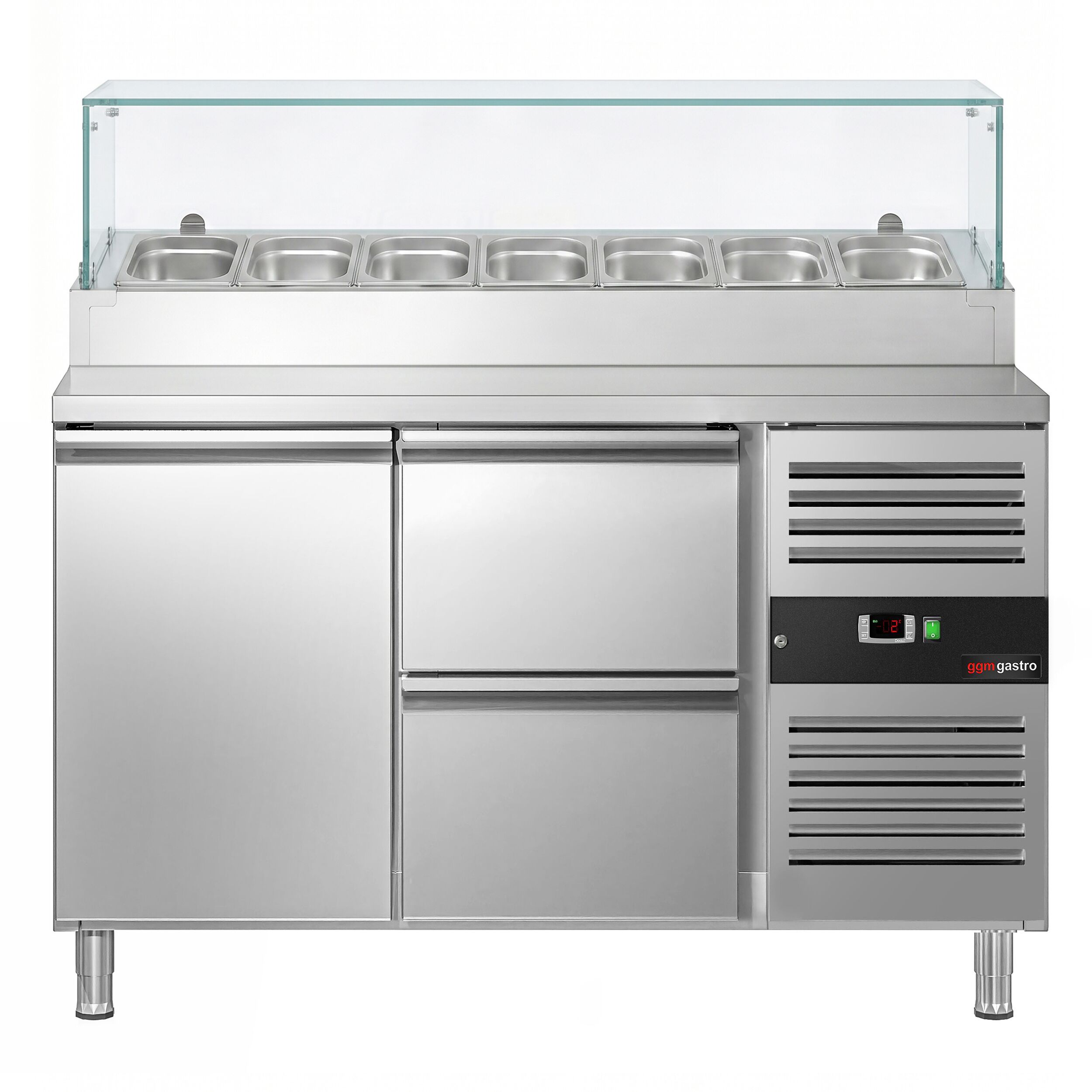 Zubereitungstisch PREMIUM - 1360mm - 1 Tür & 2 Schubladen - mit Glasaufsatz - für 7x GN 1/3