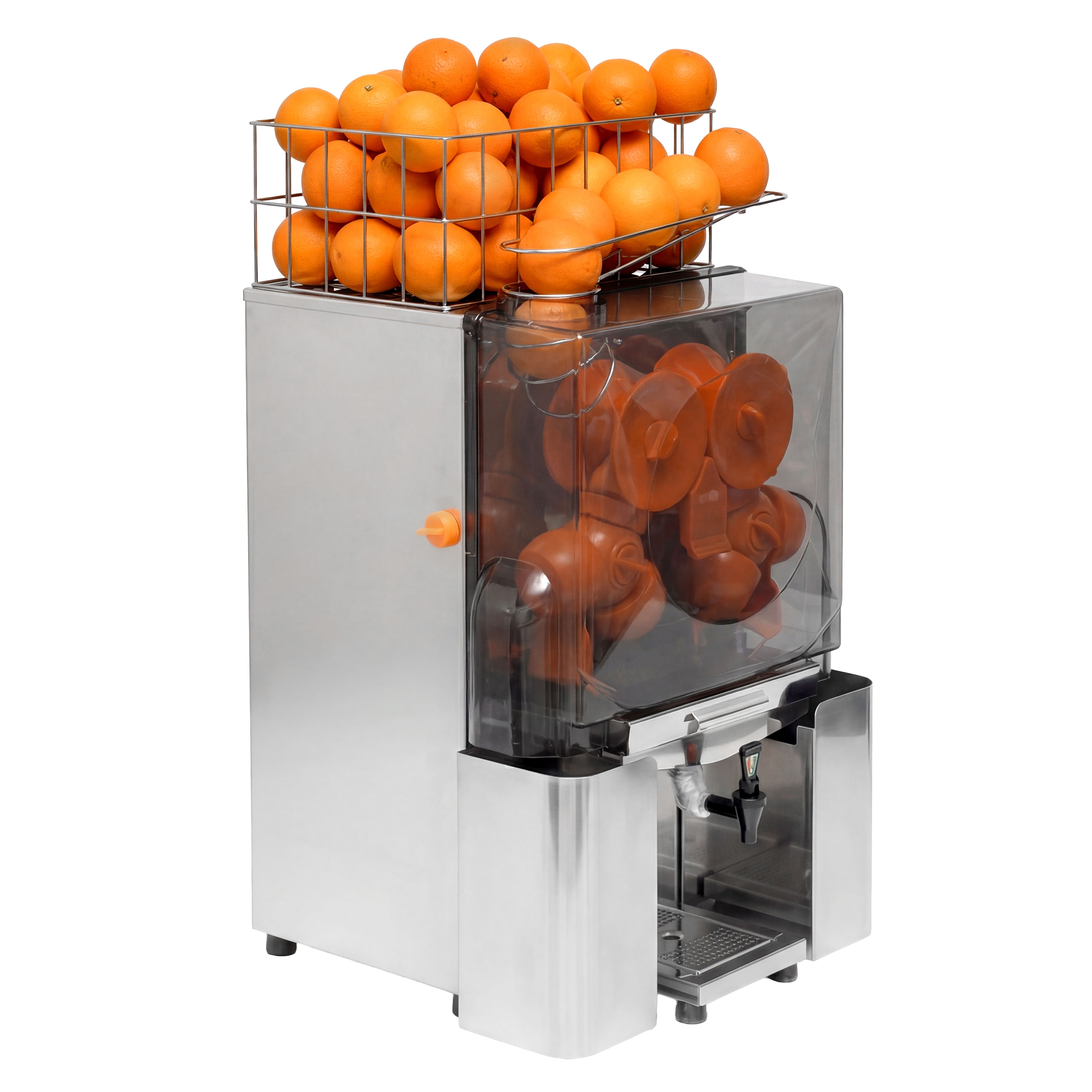 Elektrisk citruspress - 200 W - med 20 apelsiner/min, Ø 60–80 mm, korg ca 22 apelsiner, droppstopp/kran & avtagbar front för rengöring - rostfritt stål