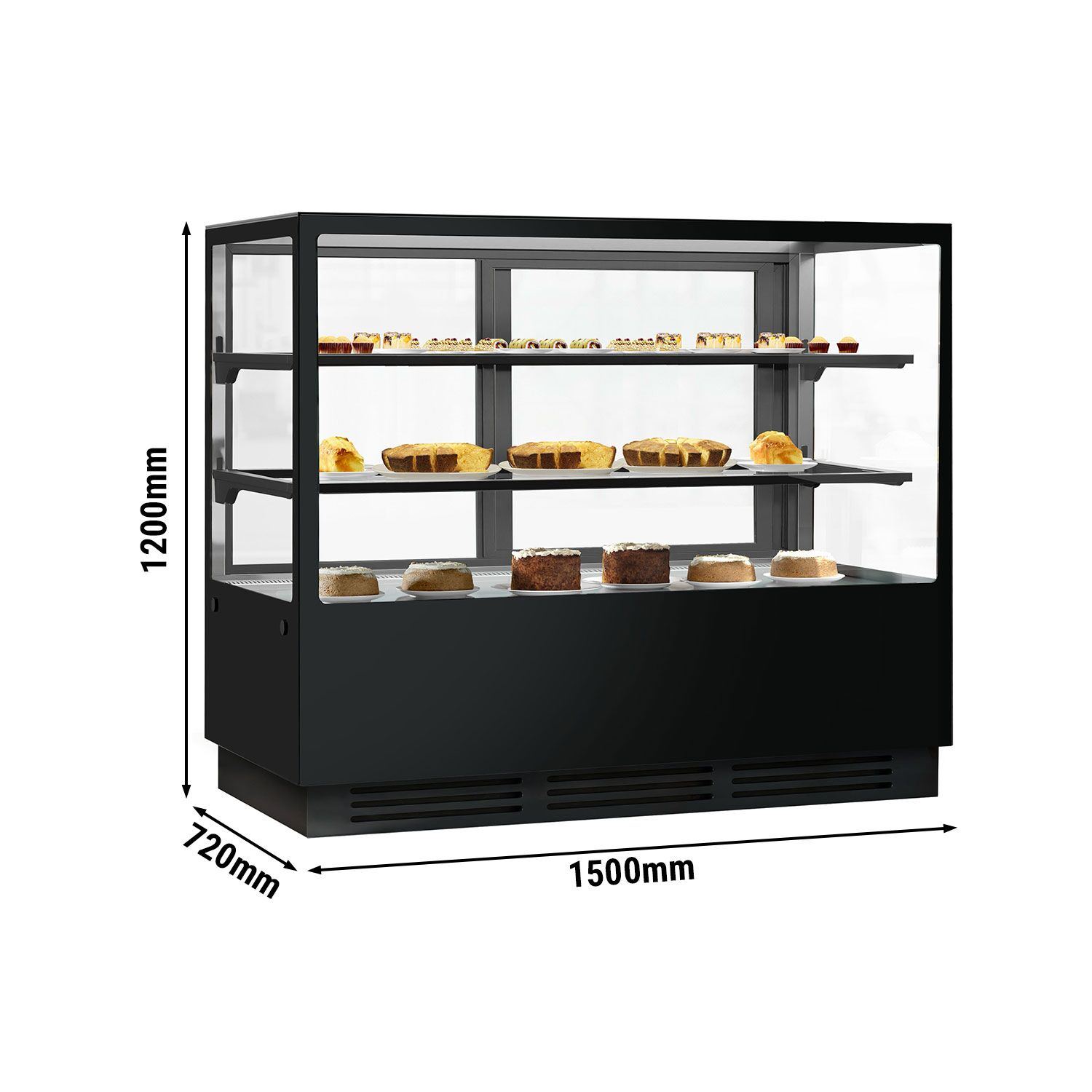 Vitrine à pâtisserie réfrigérée - 580L - 1500mm - Double vitrage - avec 2 étagères en verre - portes coulissantes vitrées arrière - Noir