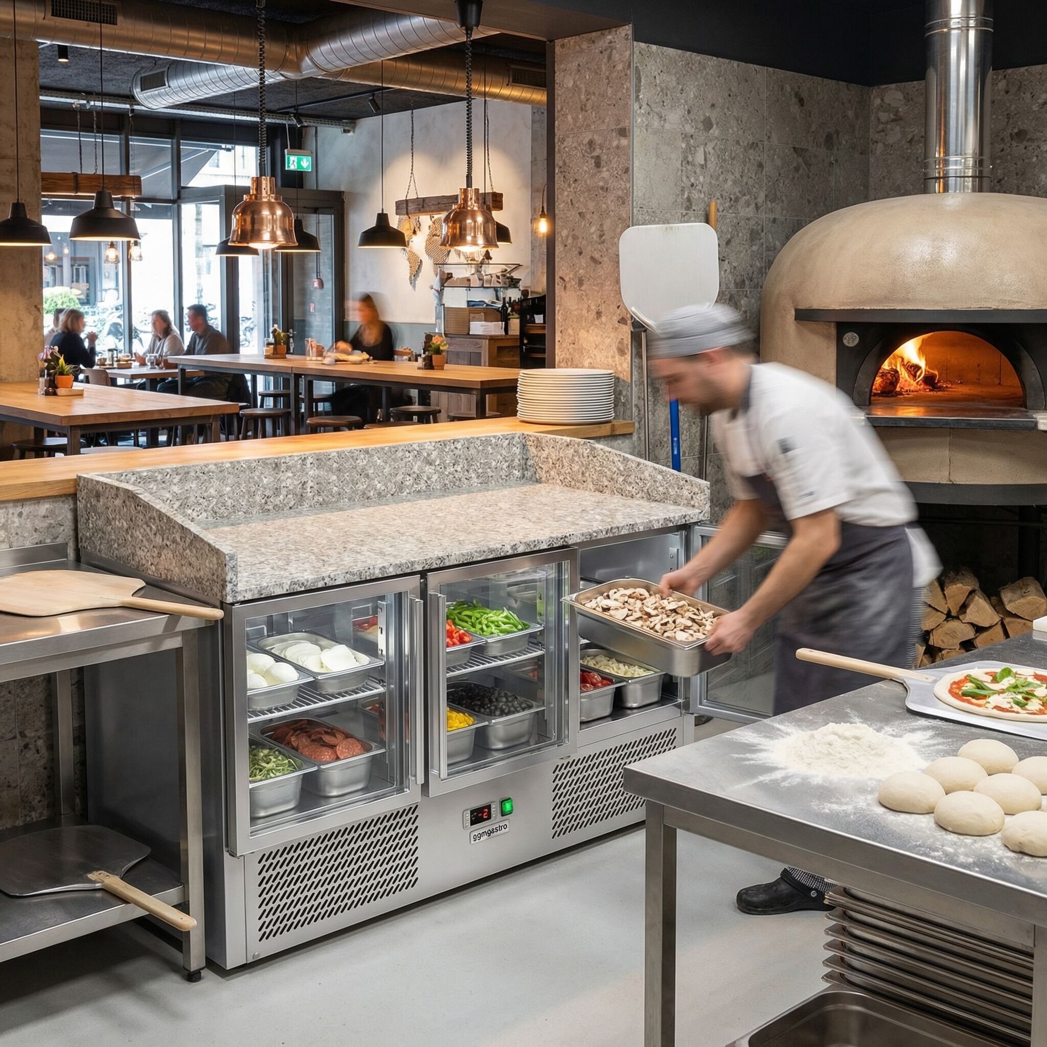 Banco pizza refrigerato ECO - 1400x700mm - con 3 porte in vetro - piano in granito