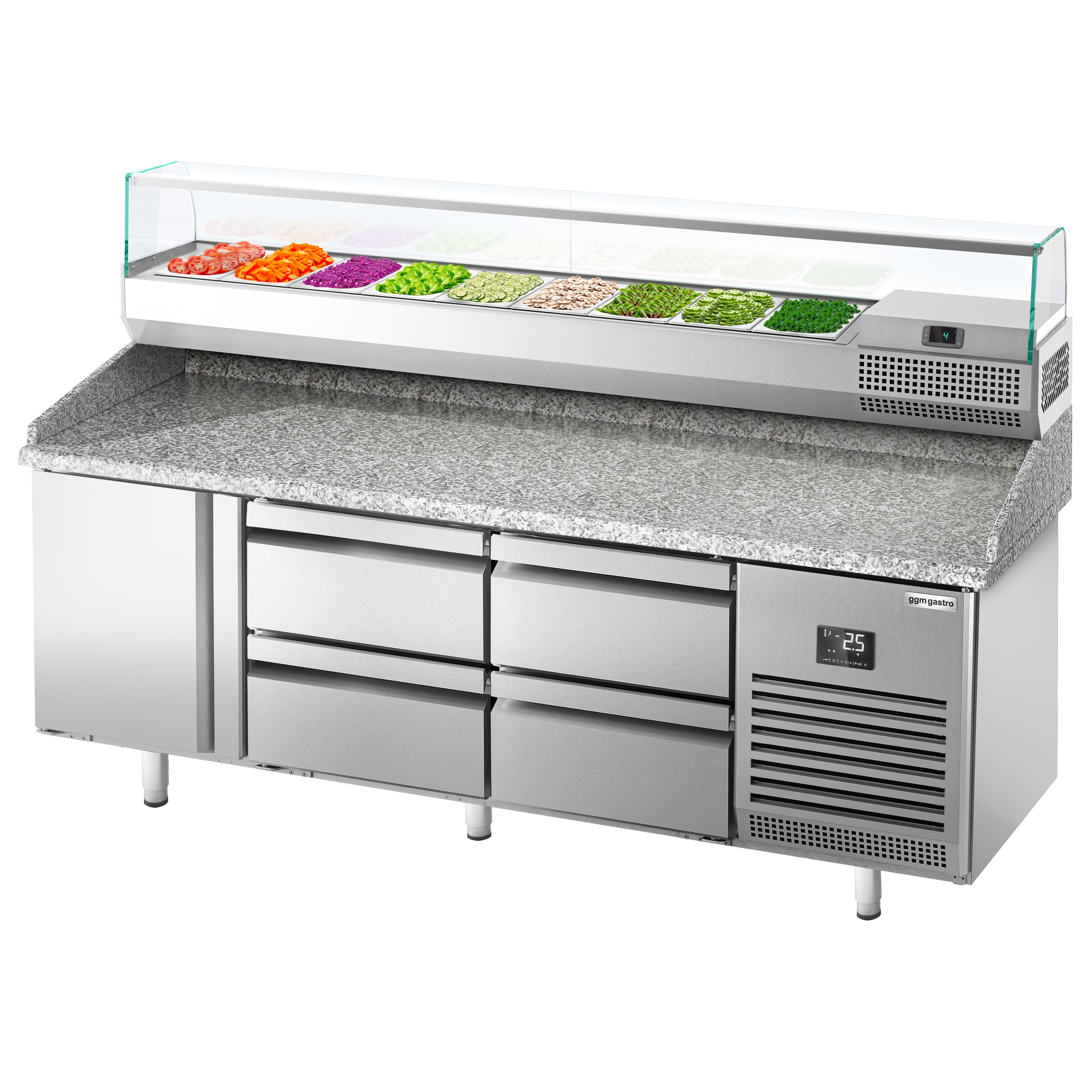 Table réfrigérée à pizza Premium PLUS - 1980x700 mm - avec 1 porte & 4 tiroirs - incl. vitrine réfrigérée - 9x GN 1/4