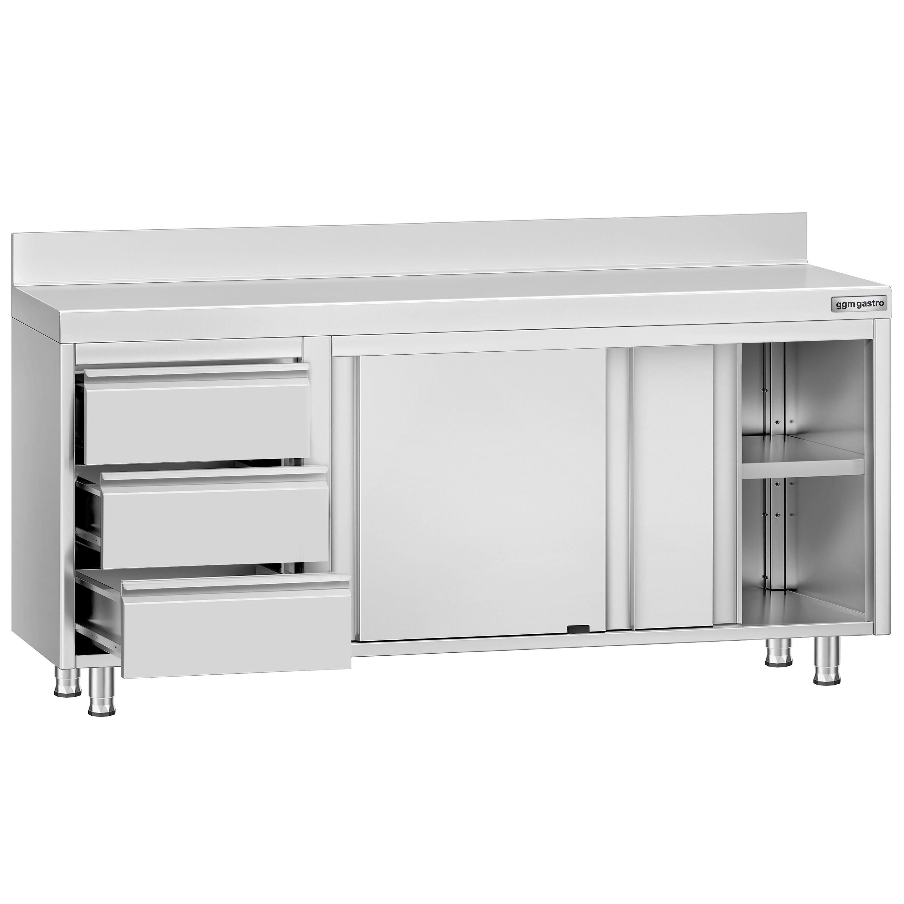 Table armoire en acier inoxydable ECO - 1800x600mm - avec portes coulissantes et 3 tiroirs à gauche - avec dosseret