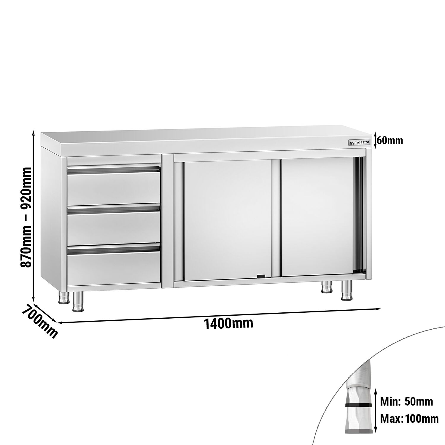 Table armoire en acier inoxydable PREMIUM - 1400x700mm - avec 3 tiroirs à gauche et portes coulissantes