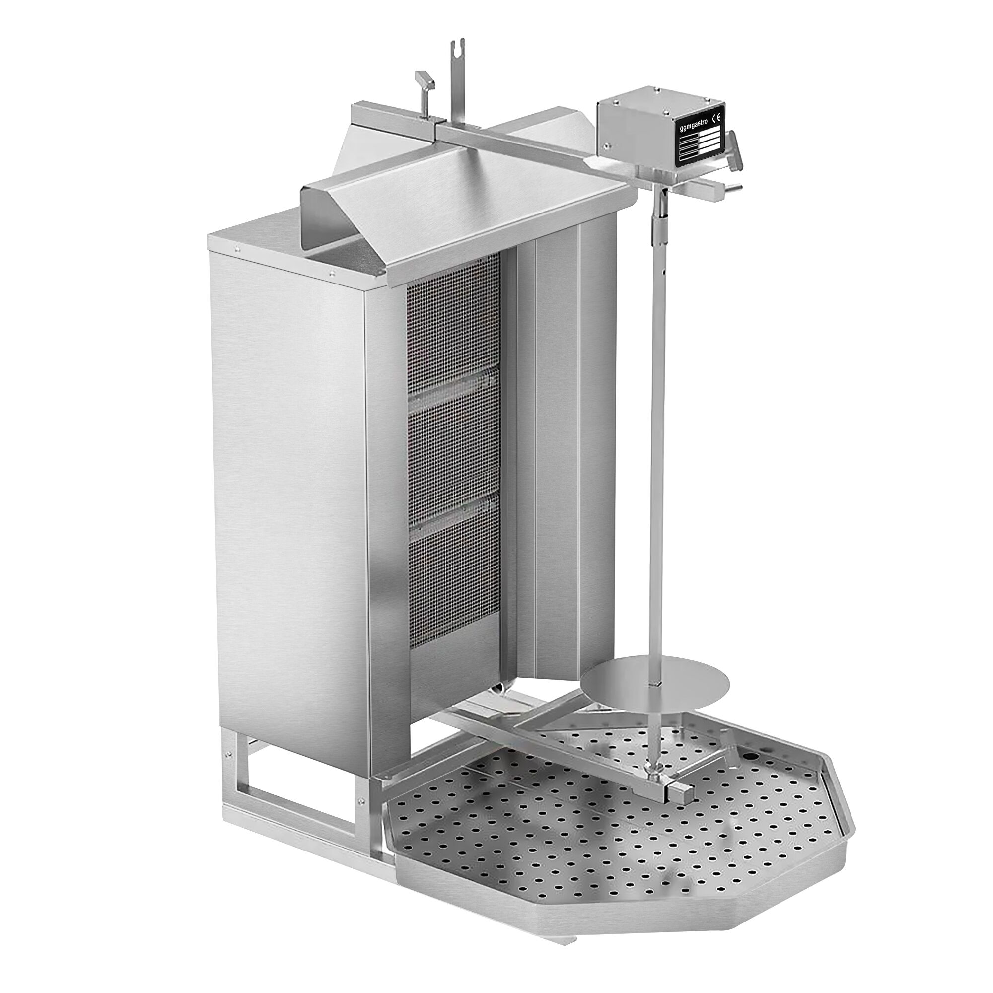 Machine à Kebab / Gril vertical à gaz - 3 brûleurs - pour 40kg de viande - 9.75kW - livré avec 2 pare-graisses, 2 volets, 1 broche, bac à graisse, injecteurs gaz naturel et propane