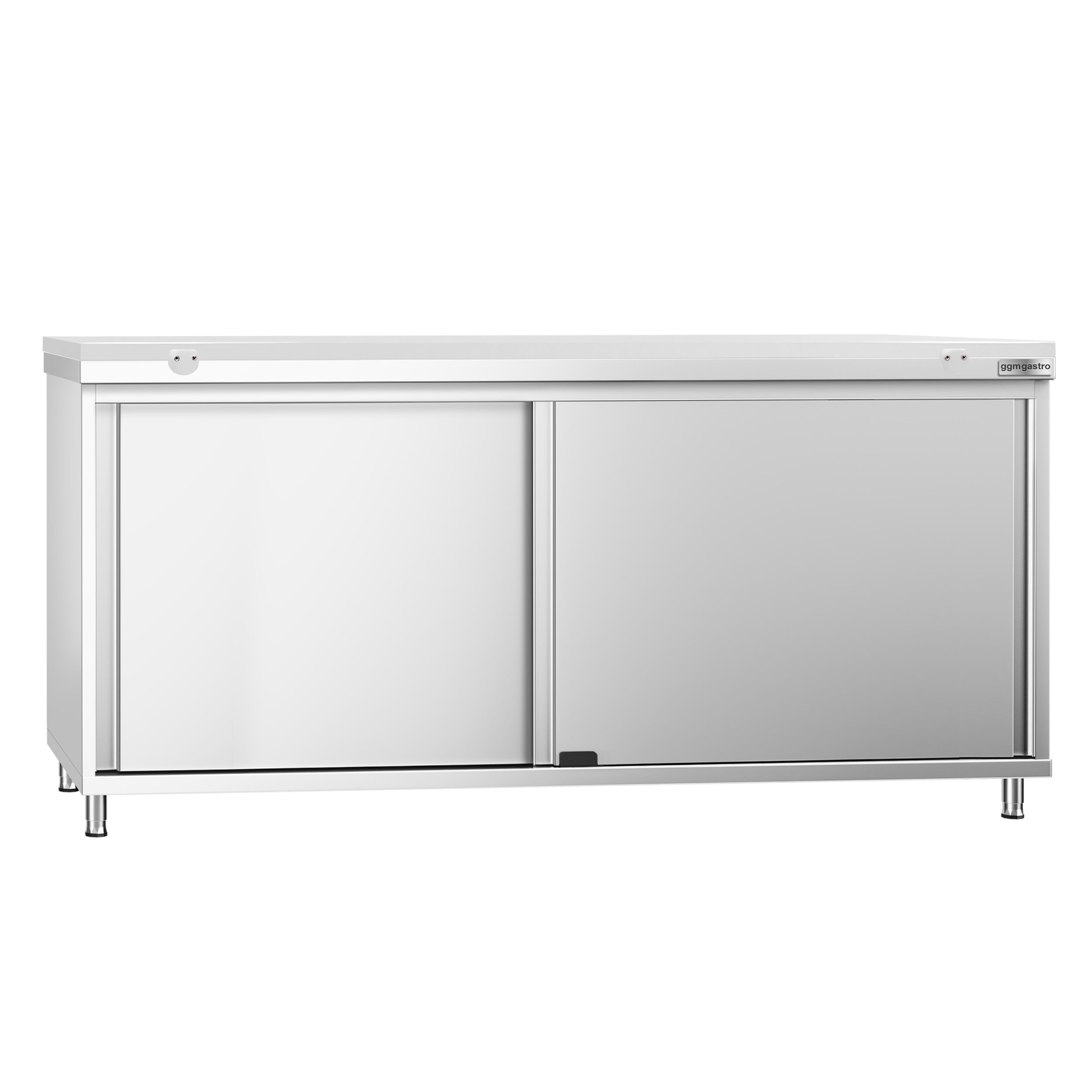 Table armoire en acier inoxydable PREMIUM - 1800x600mm - avec portes coulissantes et étagère basse - pour produits céréaliers, produits laitiers - incl. plateau de découpe Blanc PEHD (HACCP)