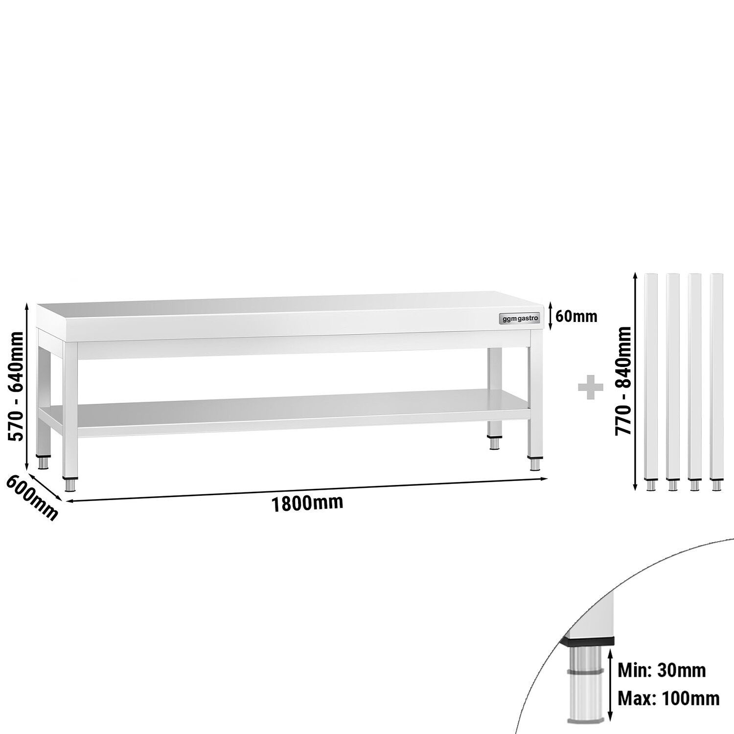 Table de travail en acier inoxydable PREMIUM - 1800x600mm - avec étagère basse