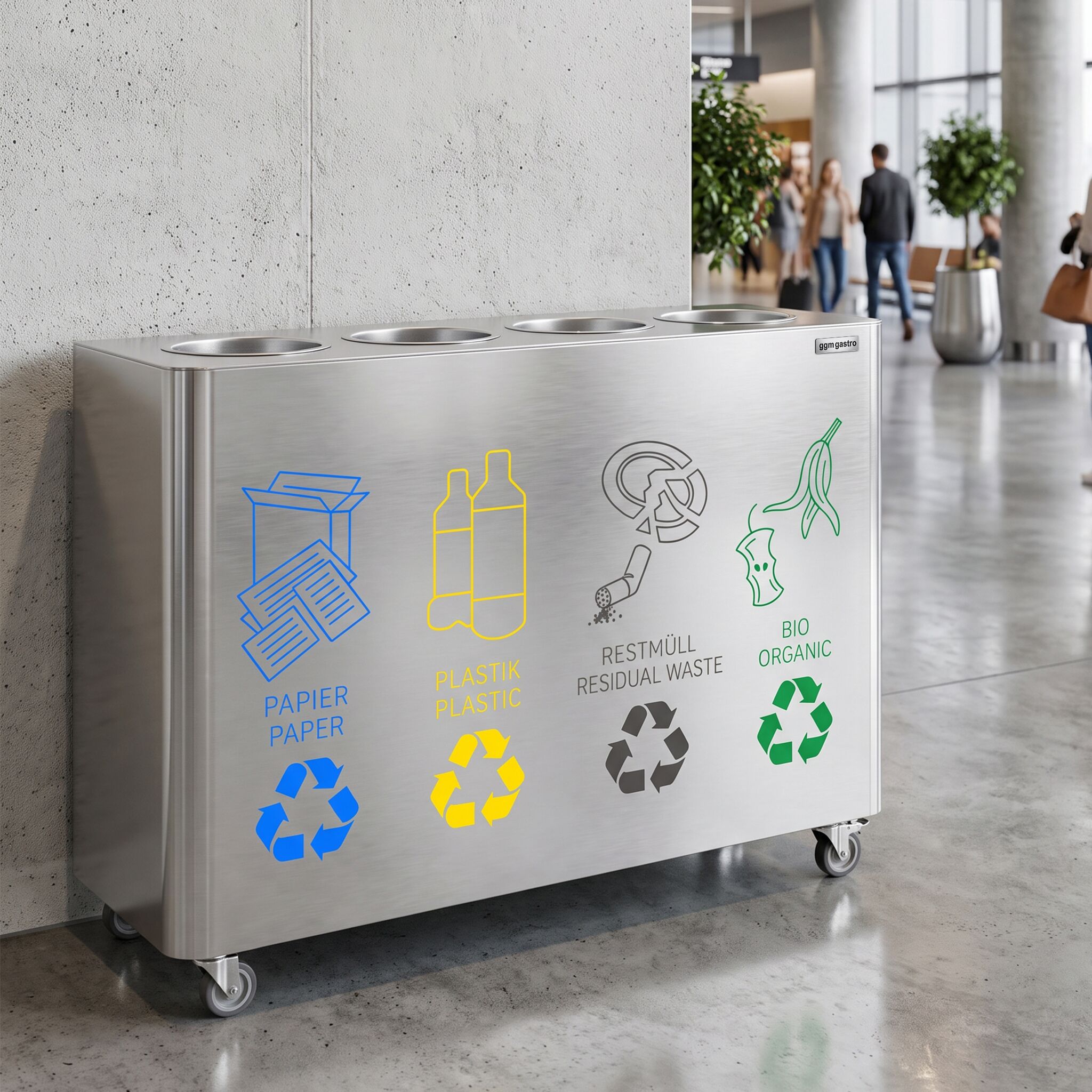 Waste sorting system – 4 bins, 30 litres each – stainless steel – with 4 castors