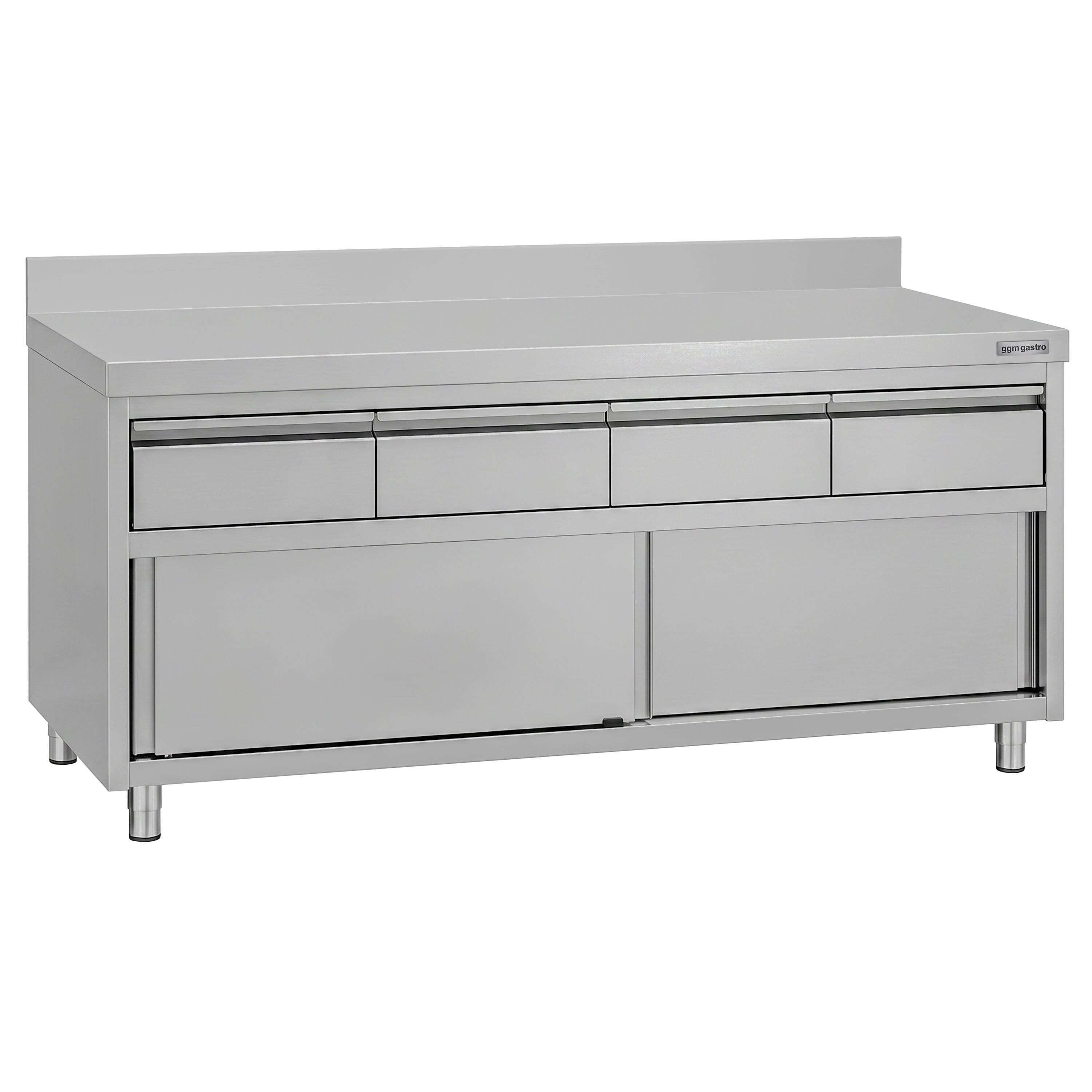 Armoire de travail en acier inoxydable ECO - 2000 x 600 mm - avec rebord - avec 4 tiroirs et une porte coulissante