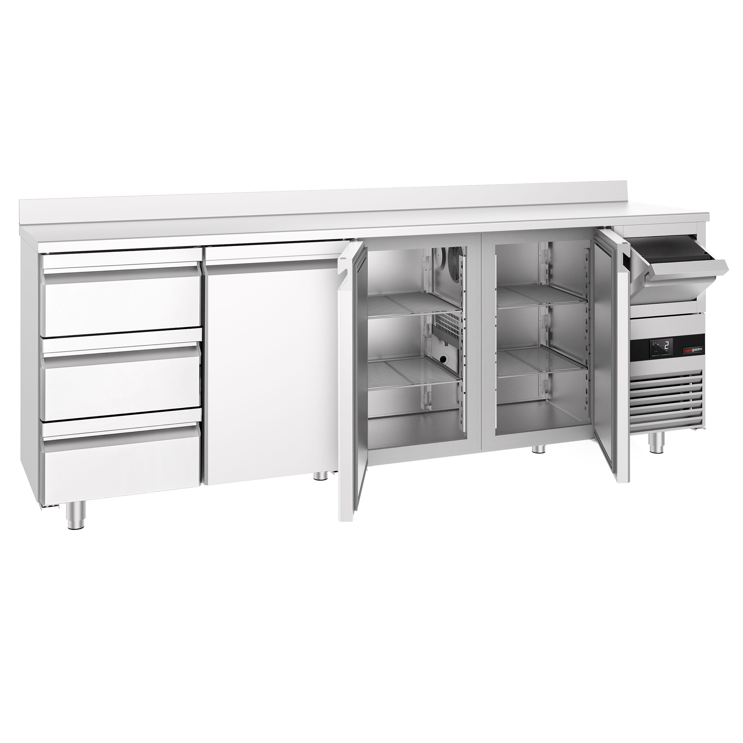 Arrière-bar réfrigéré professionnel PREMIUM - 2690 x 600 mm - avec 3 portes et 3 tiroirs - avec dosseret - avec tiroir à marc de café