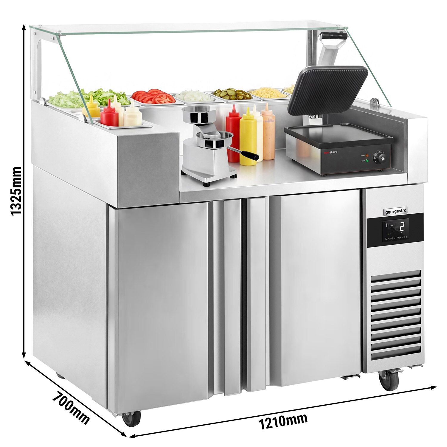 Table de préparation – 1210 mm – 2 portes – pour 9 bacs GN 1/6 – incl. grill de contact & machine à hamburgers