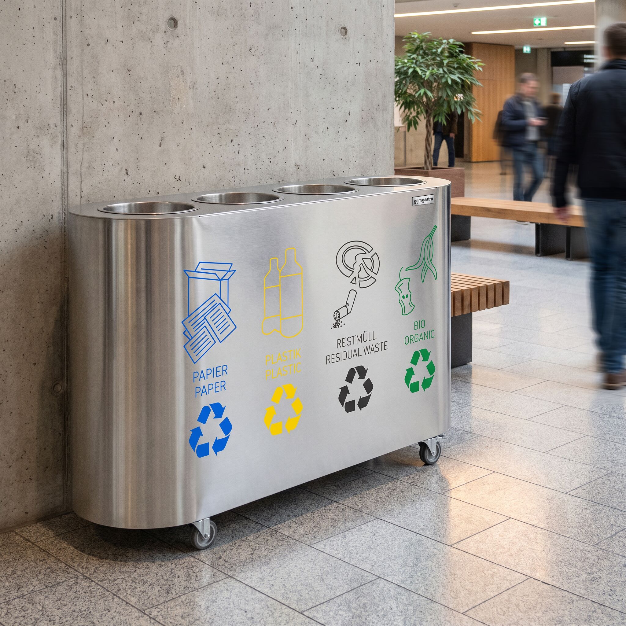 Waste sorting system – 4 bins, 30 litres each – stainless steel