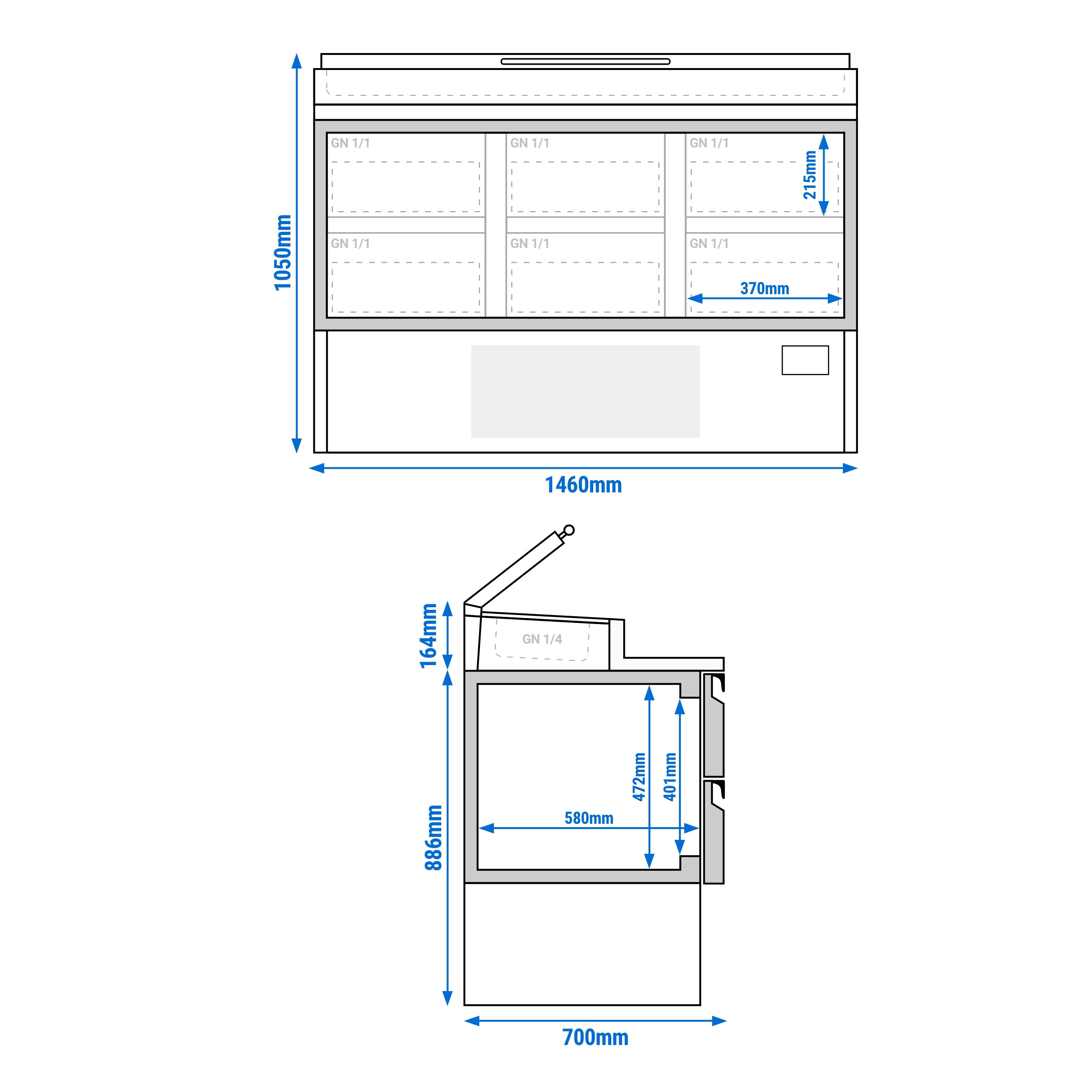 Table réfrigérée de préparation Mini - 1460 x 700 mm - avec 6 tiroirs - avec superstructure en inox 8 x GN 1/4