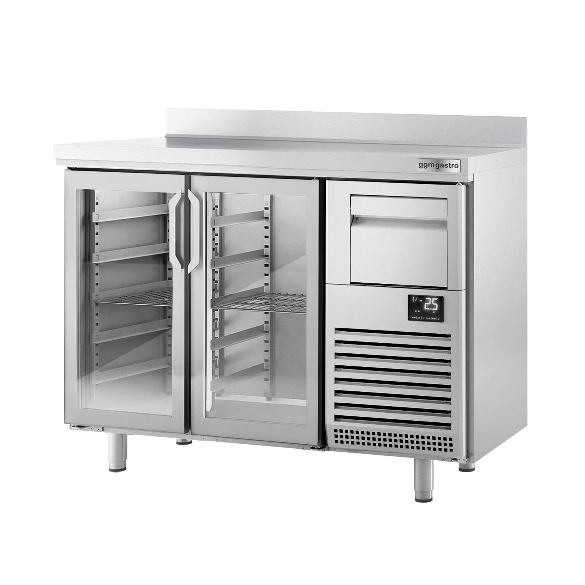 Commercial Back Bar Bottle Cooler PREMIUM PLUS - 1468x600x1150mm - 340L - with 2 Hinged Glass Doors, upstand & knock box for coffee
