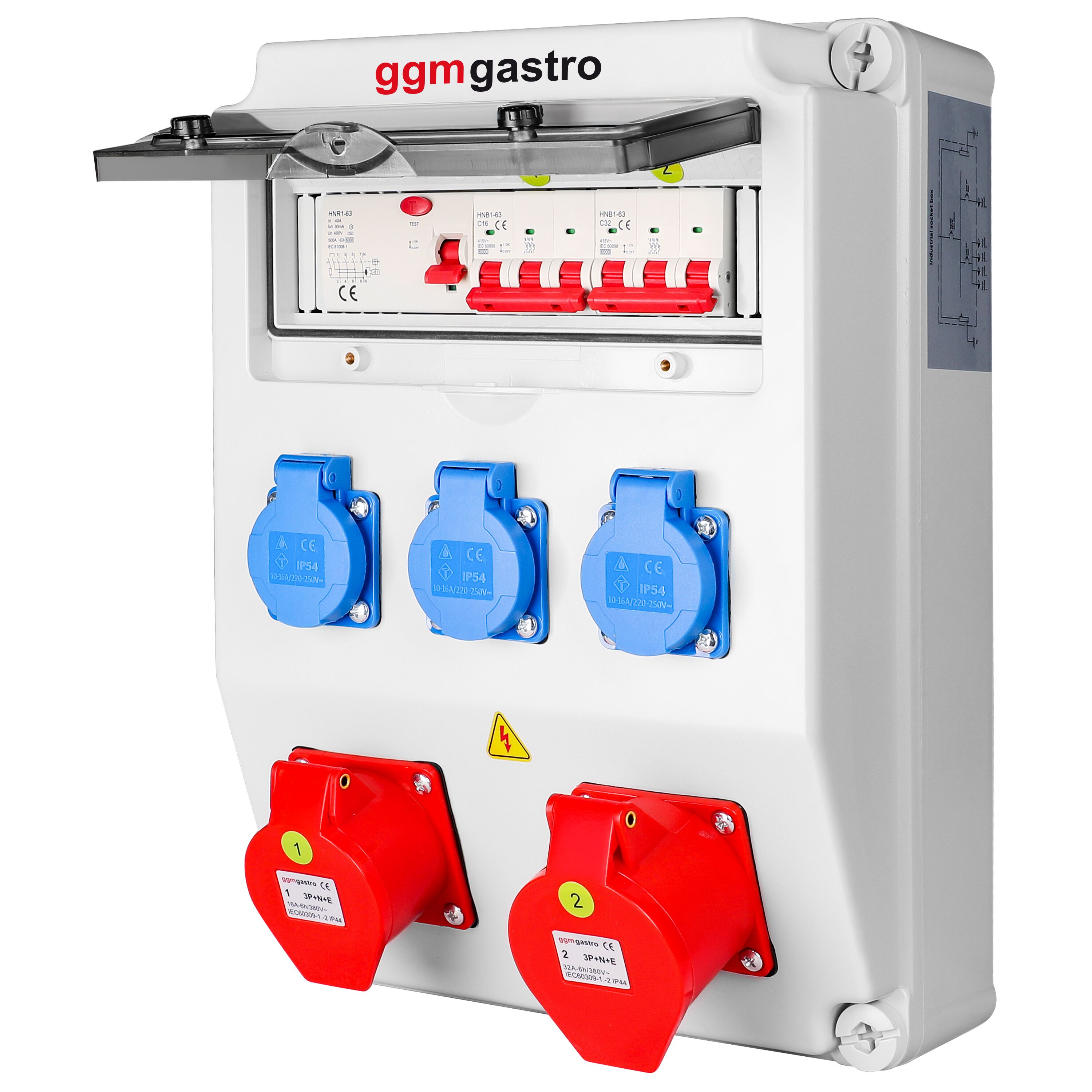 Coffret de chantier électrique - 3x 2P+T 16A 230V, 1x CEE 16A 400V 5P (rouge) & 1x CEE 32A 400V 5P (rouge) prises - Triphasé 400V - IP54 - avec interrupteur différentiel 30 mA intégré