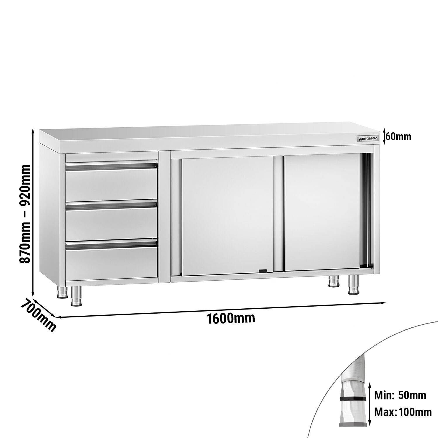 Table armoire en acier inoxydable PREMIUM - 1600x700mm - avec 3 tiroirs à gauche et portes coulissantes