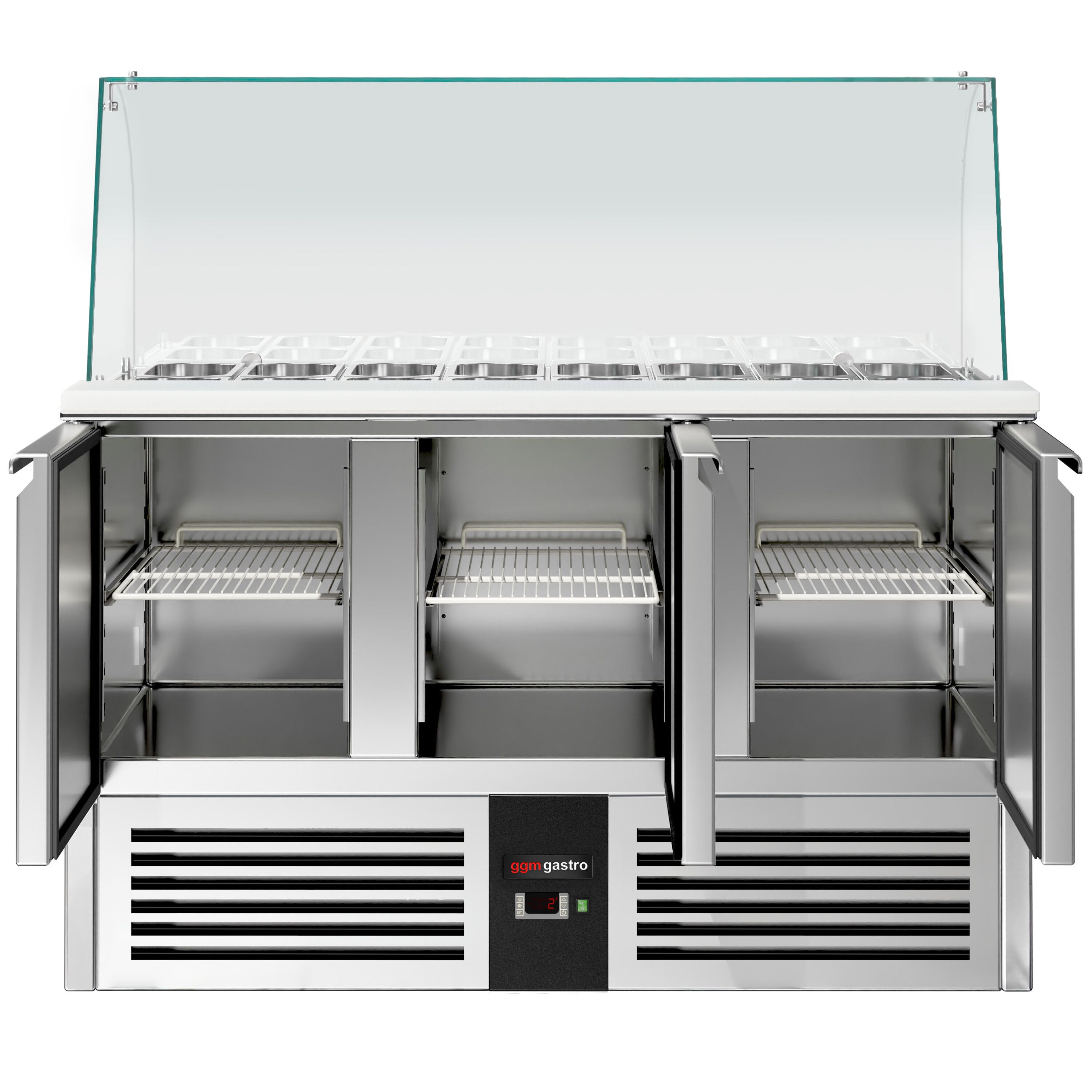 Saladette réfrigérée PREMIUM - 1368mm - 368L - 3 portes - avec vitrine de comptoir pour 4x GN 1/1